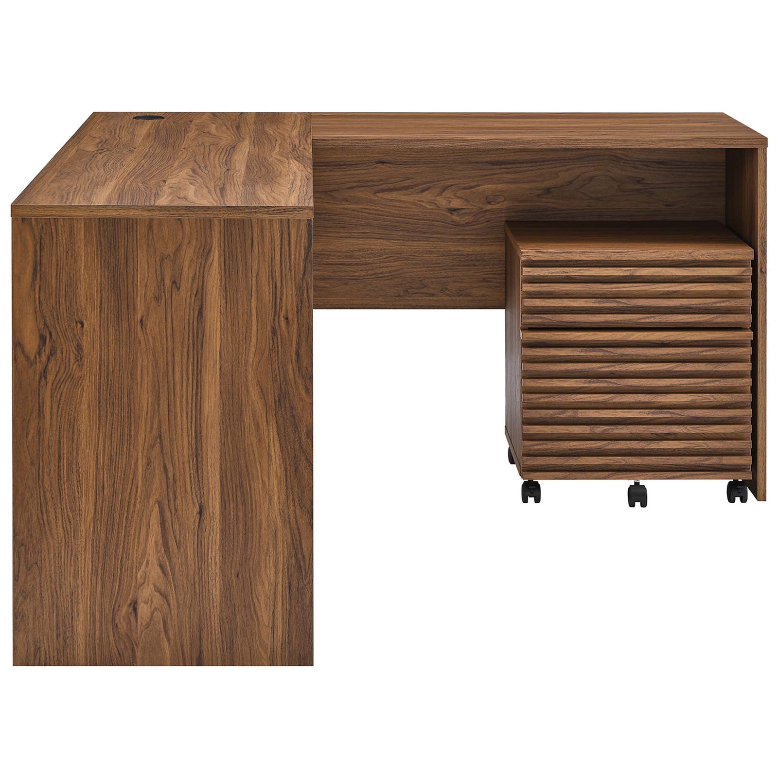 L-shaped walnut desk with pull-out keyboard tray and matching slatted file cabinet on casters. || EEI-5821-WAL || side_studio