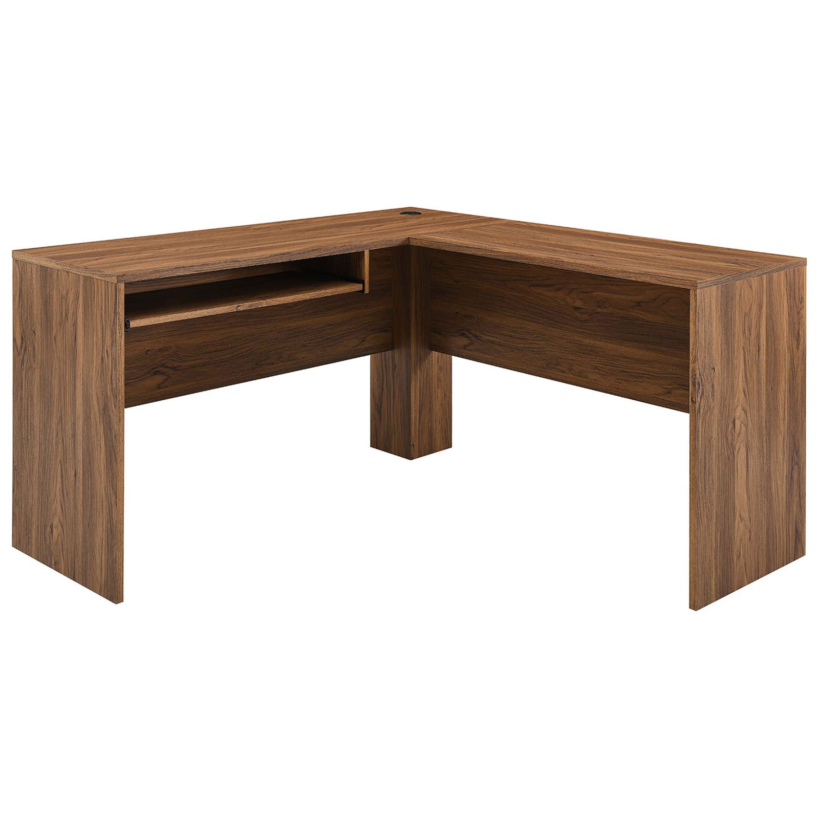 Sleek L-shaped desk with wood grain laminate and glide-out keyboard tray. || EEI-5821-WAL || front_angle_partial_studio