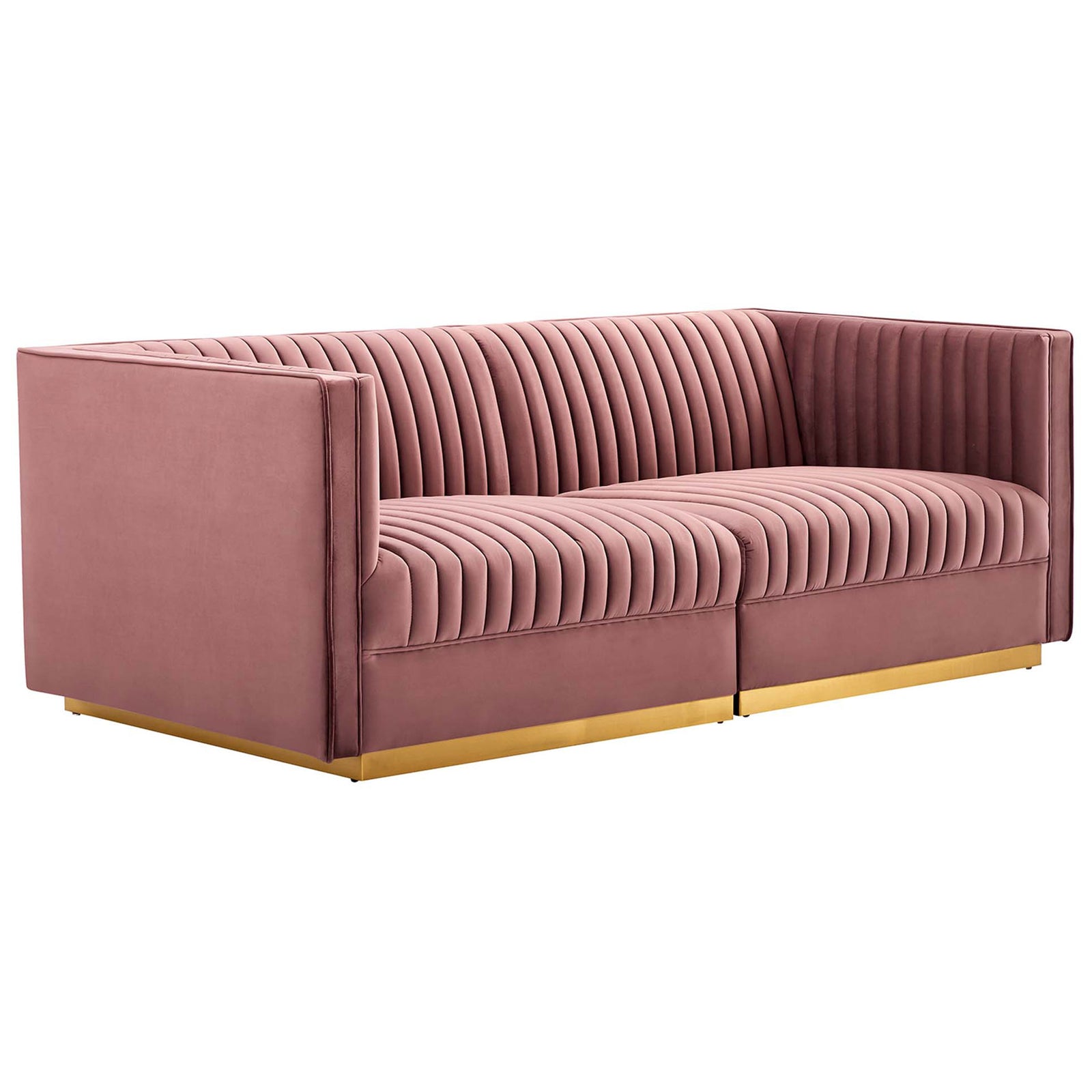 Modern dusty rose velvet modular loveseat with deep channel tufting and a gleaming gold base || EEI-5824-DUS || front_angle_studio