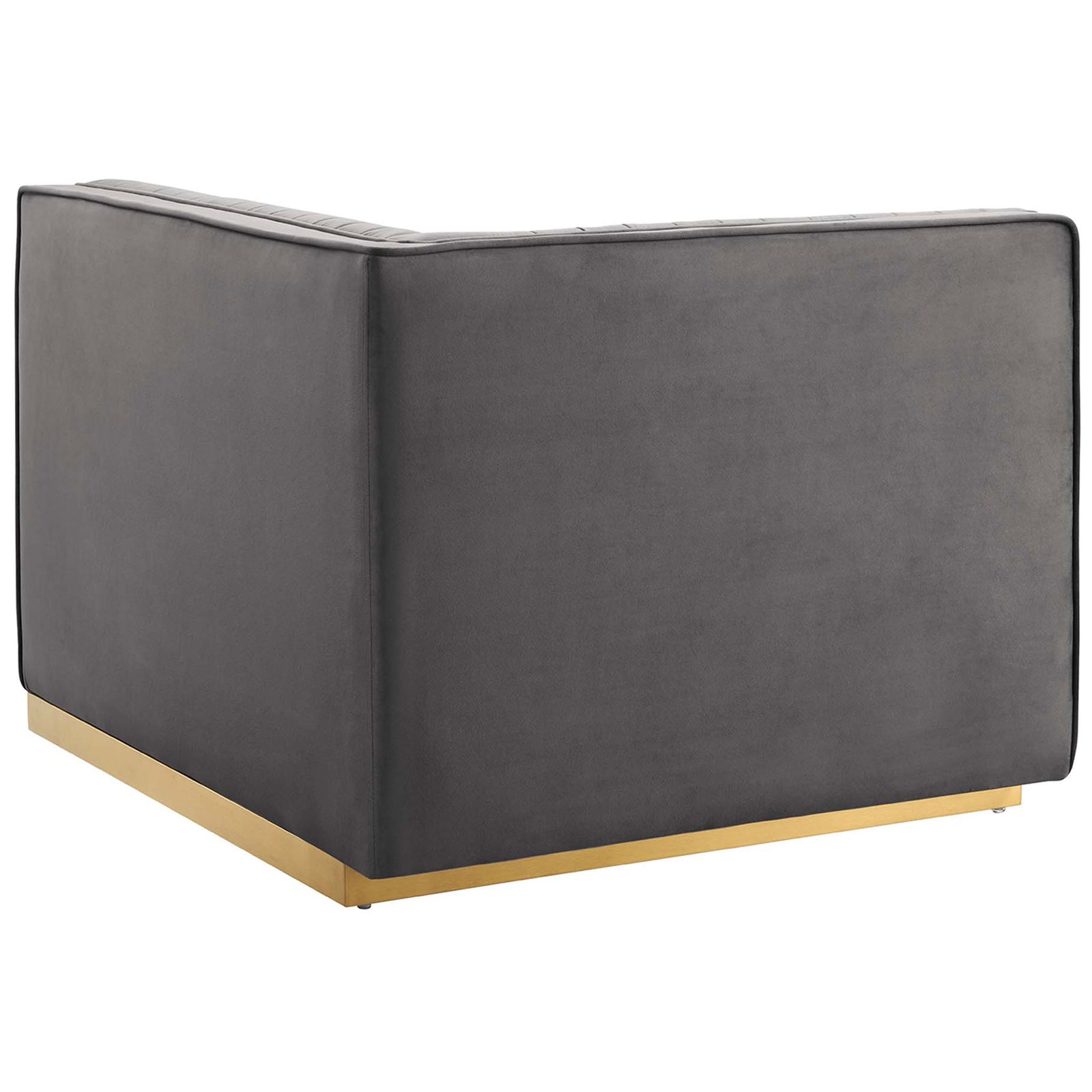 Clean-lined gray velvet modular chair with fully upholstered back and wraparound gold base trim || EEI-5824-GRY || back_angle_partial_studio