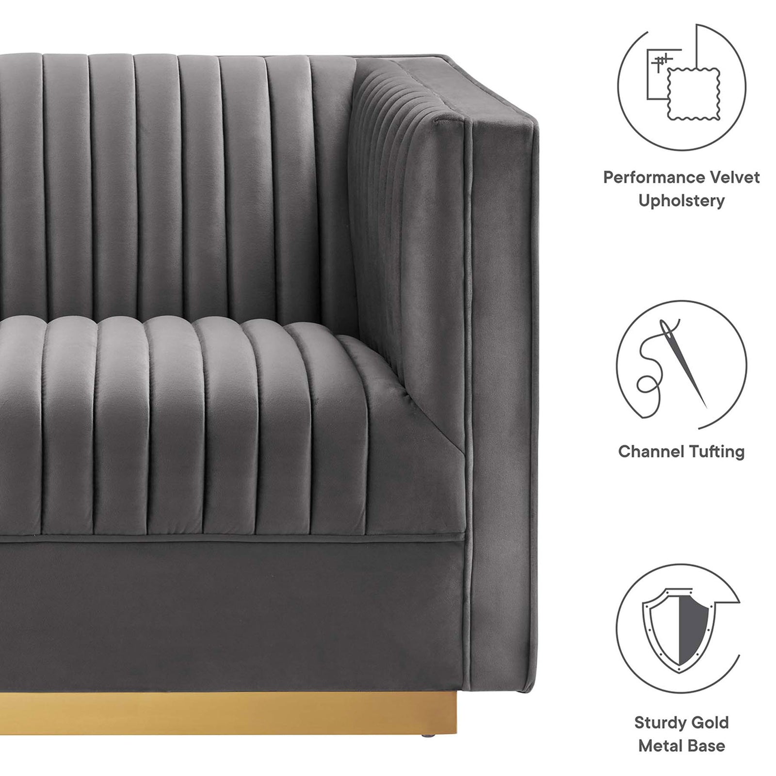 Gray velvet loveseat with channel tufting, performance upholstery, and sturdy gold base highlighted by feature icons || EEI-5824-GRY || callout_studio