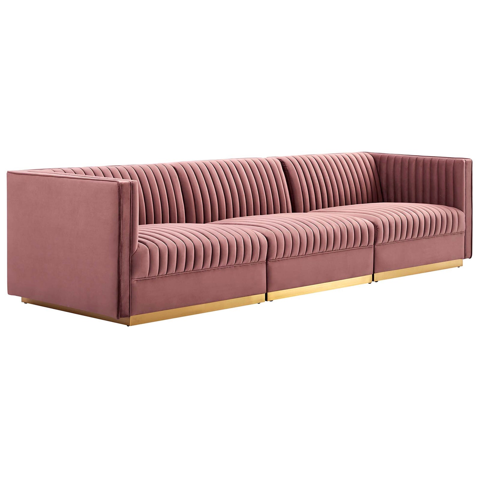 Channel-tufted dusty rose velvet sectional with sleek gold base and plush three-seat comfort || EEI-5825-DUS || front_angle_studio