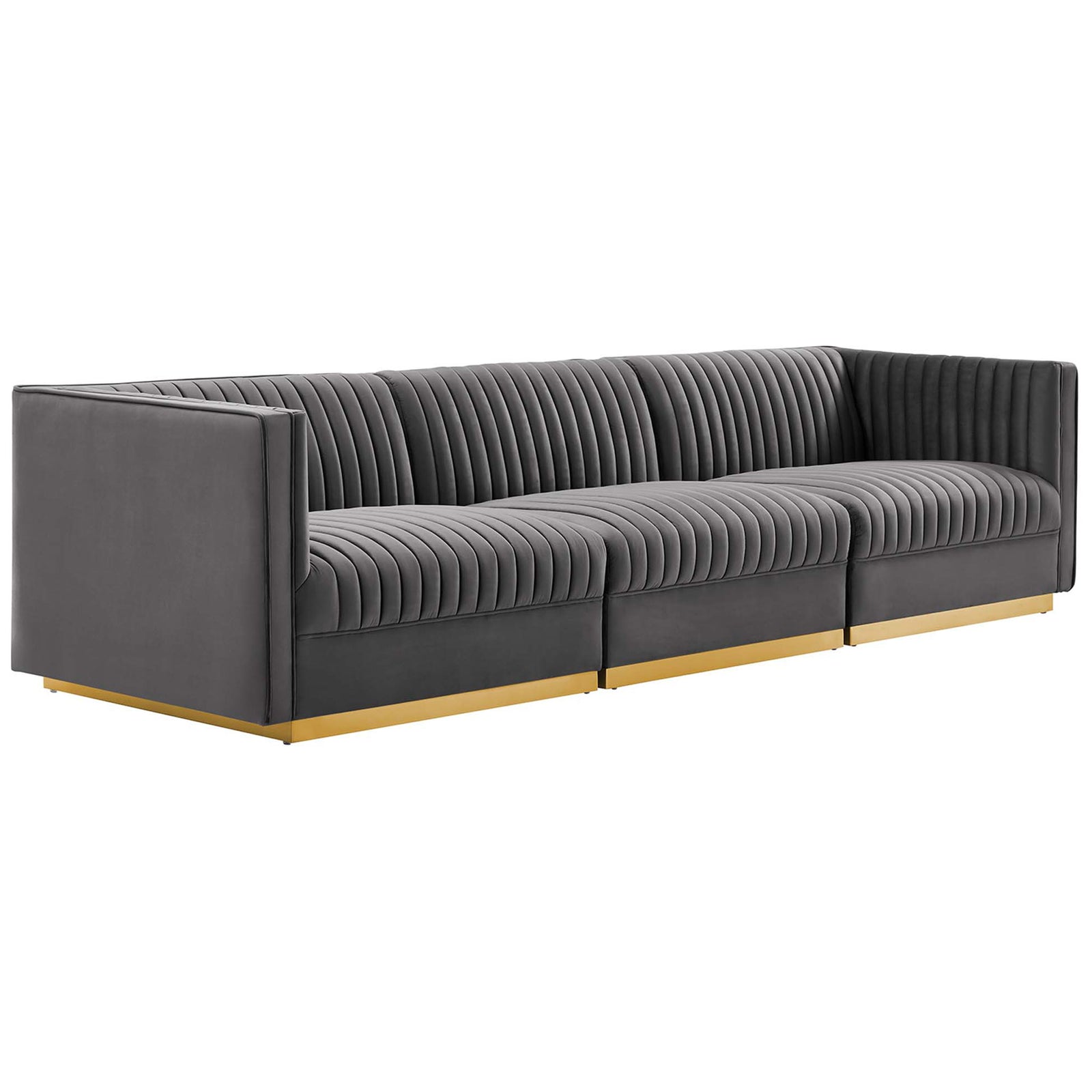Gray channel tufted 3-seat modular velvet sofa with low profile arms and a modern gold base || EEI-5825-GRY || front_angle_studio