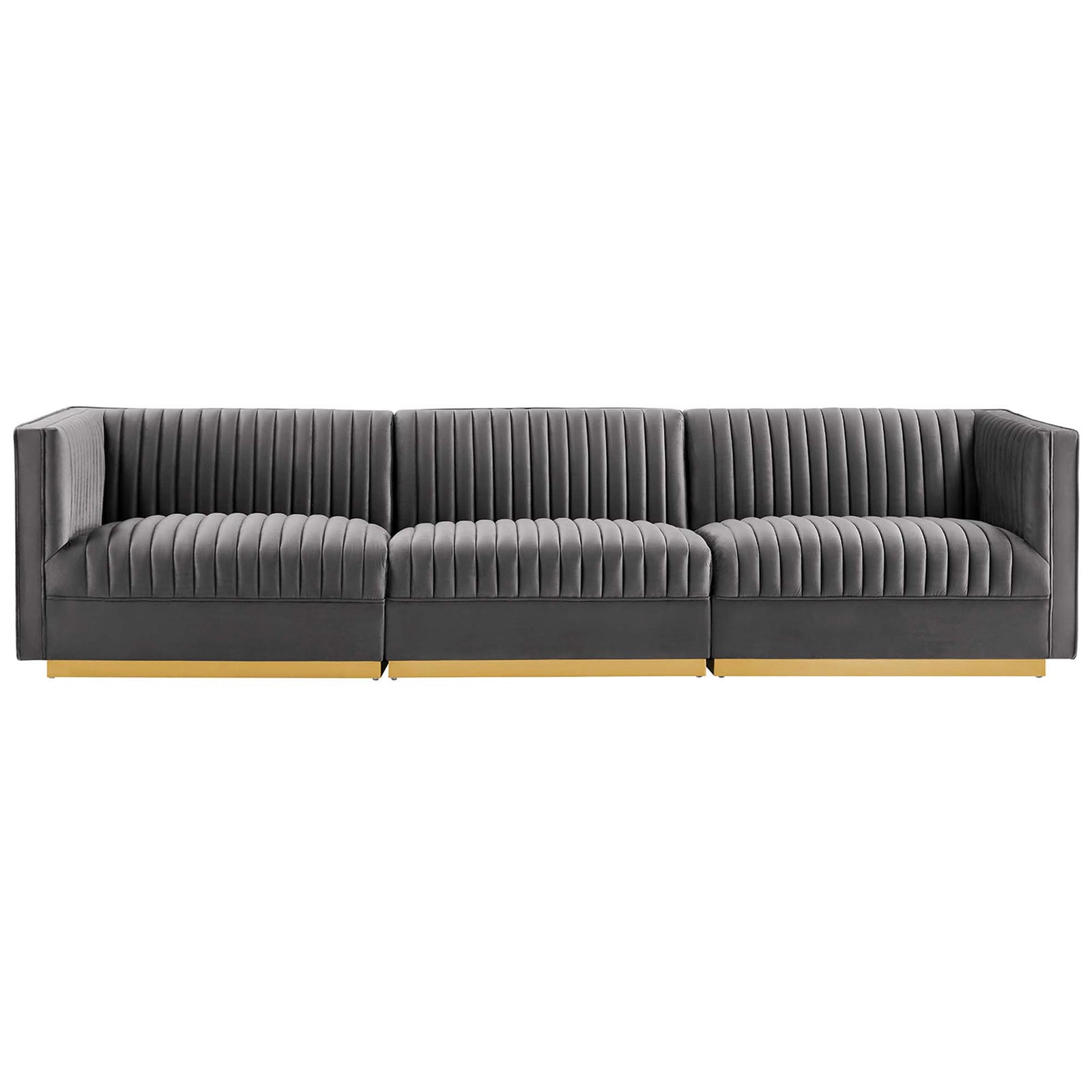 Sophisticated gray 3-seat performance velvet sectional with deep channel tufting and a sleek gold base || EEI-5825-GRY || front_studio