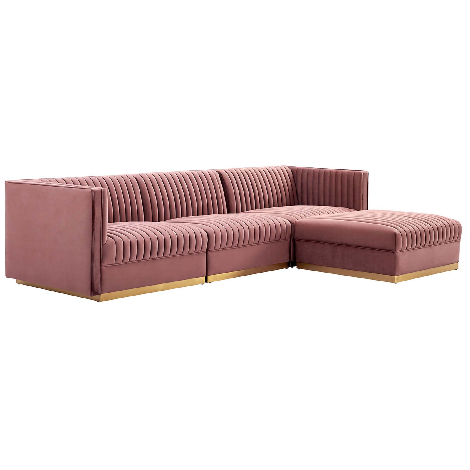 Dusty rose velvet modular sectional with right chaise, channel tufting, and sleek gold base. || EEI-5826-DUS || front_angle_studio
