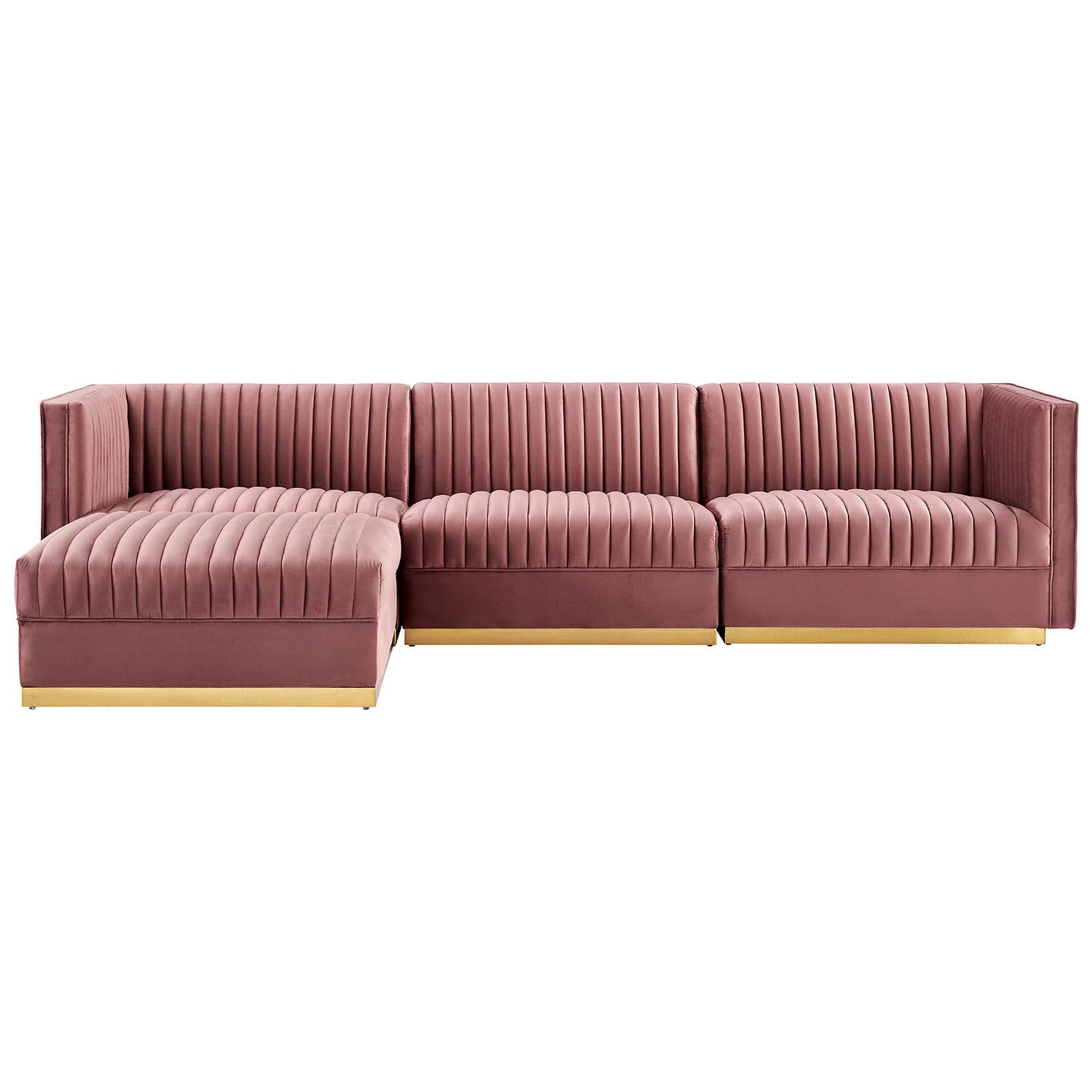 Dusty rose velvet sectional with left chaise, deep channel tufting, and slim gold base rail. || EEI-5826-DUS || front_studio