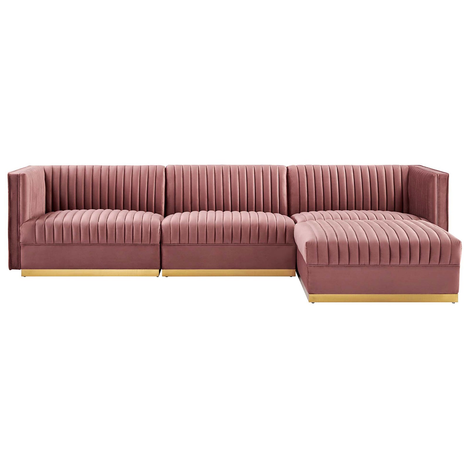 Reversible dusty rose modular sectional with right chaise, channel tufting, and gold platform base. || EEI-5826-DUS || front_studio