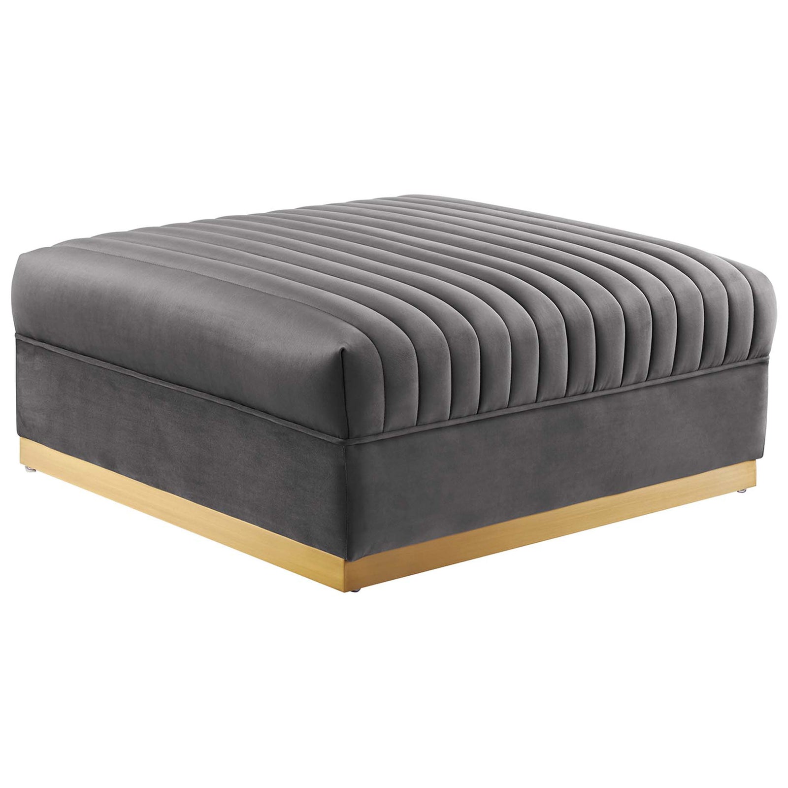 Plush gray velvet channel tufted ottoman module with generous seat and gold base || EEI-5826-GRY || front_angle_partial_studio