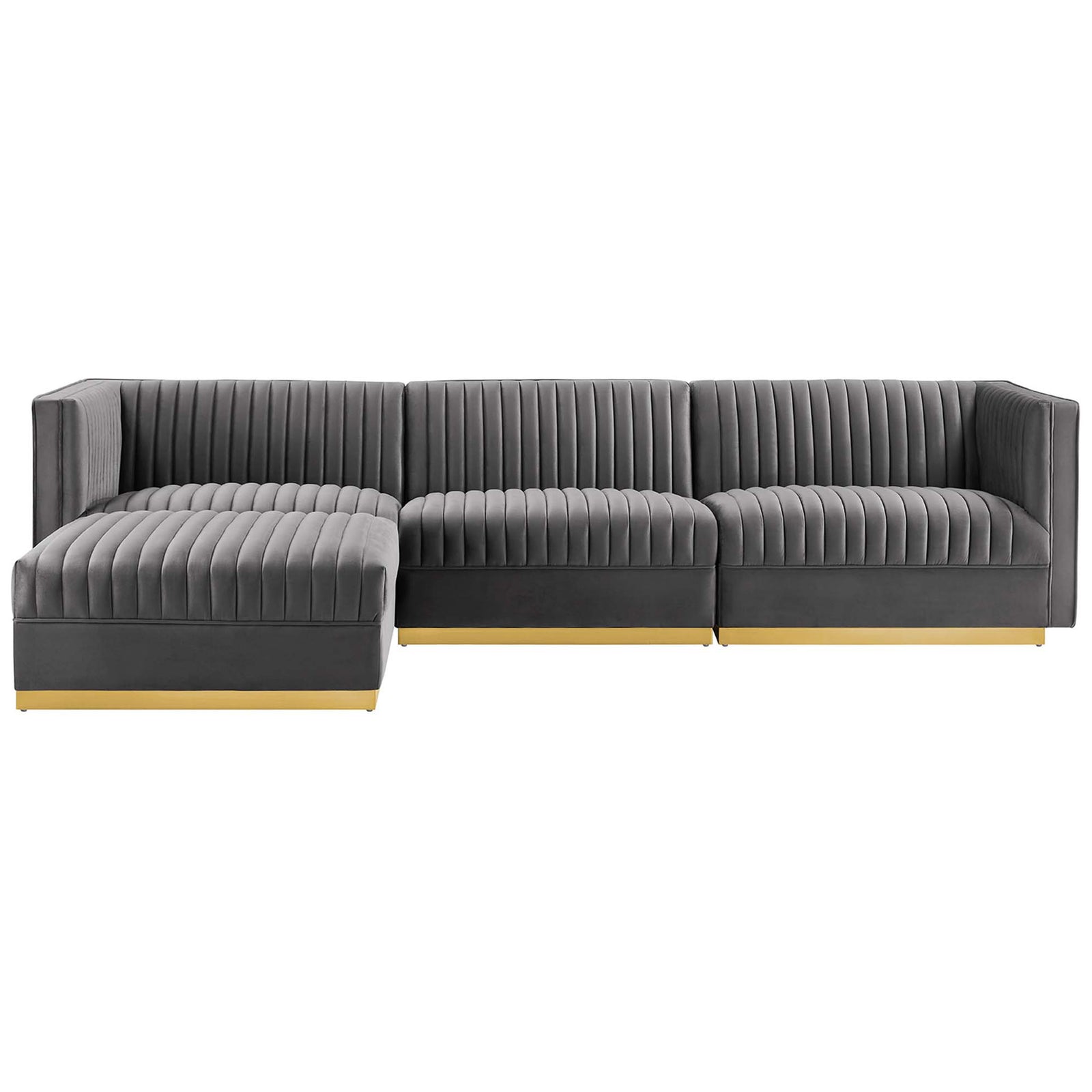 Gray channel tufted velvet sectional with left chaise and sleek gold-finished base || EEI-5826-GRY || front_studio