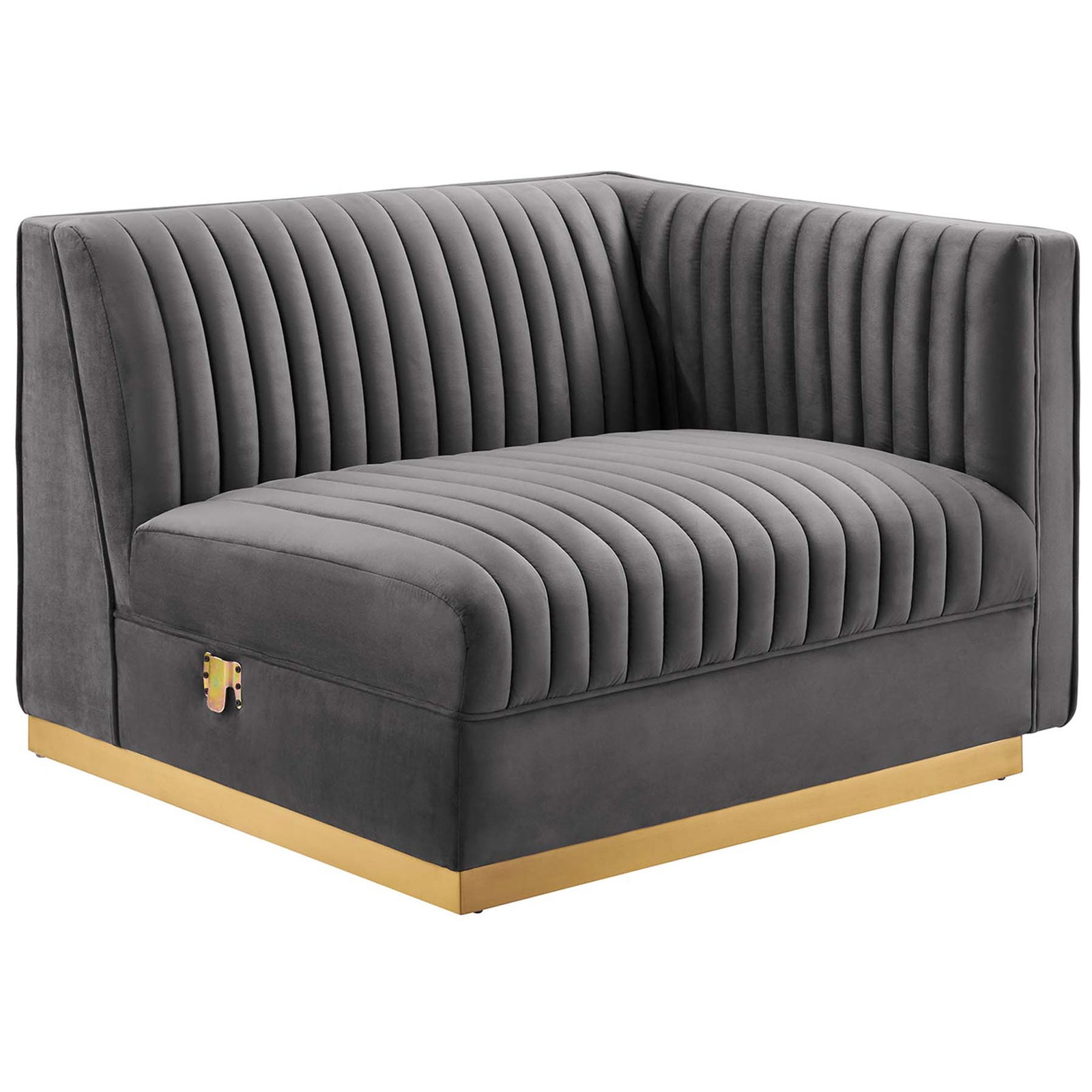 Gray channel tufted modular corner chair with wraparound back and gold base || EEI-5826-GRY || front_angle_partial_studio