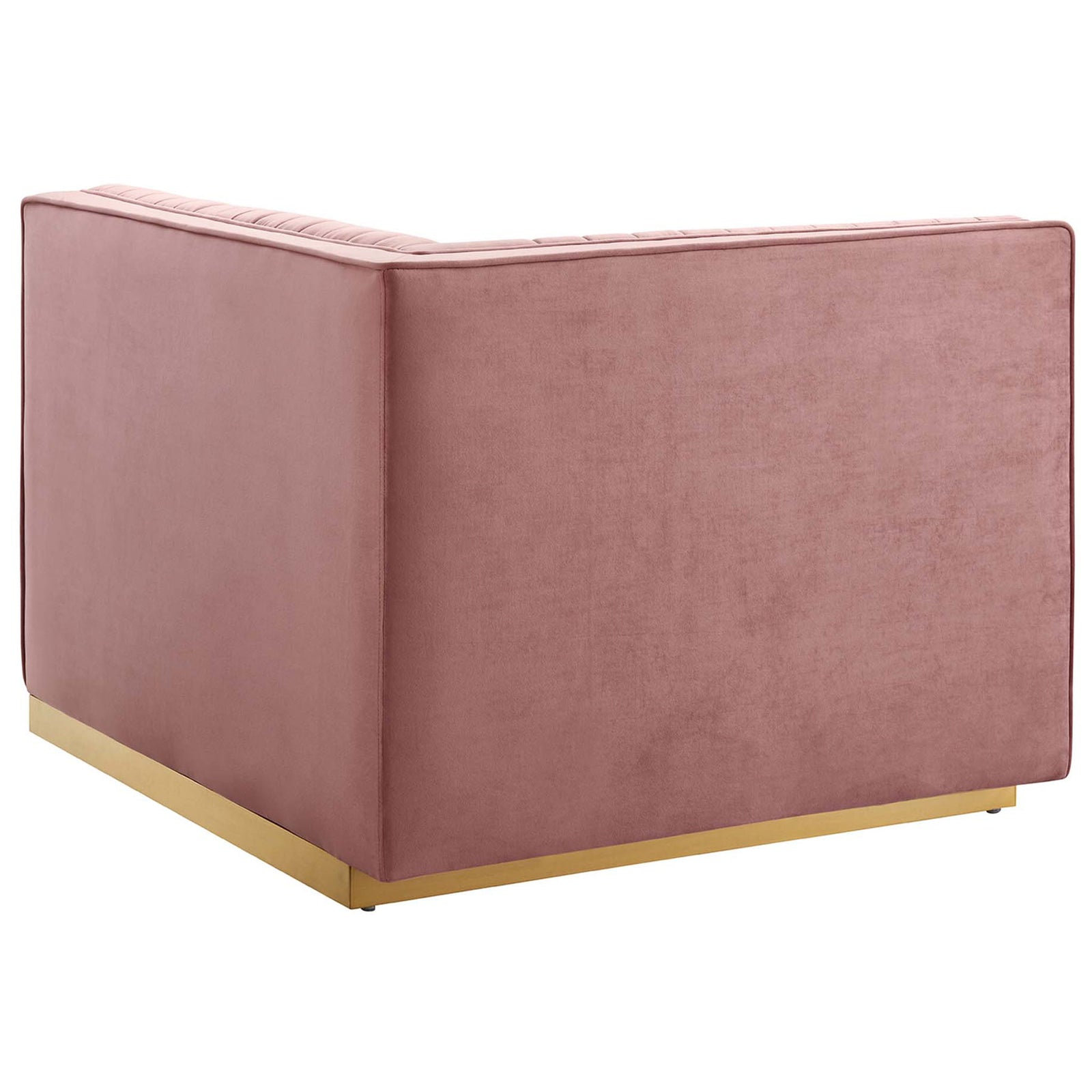 Back of modular sectional piece in dusty rose velvet with clean seams and a sleek gold platform base. || EEI-5827-DUS || back_angle_partial_studio