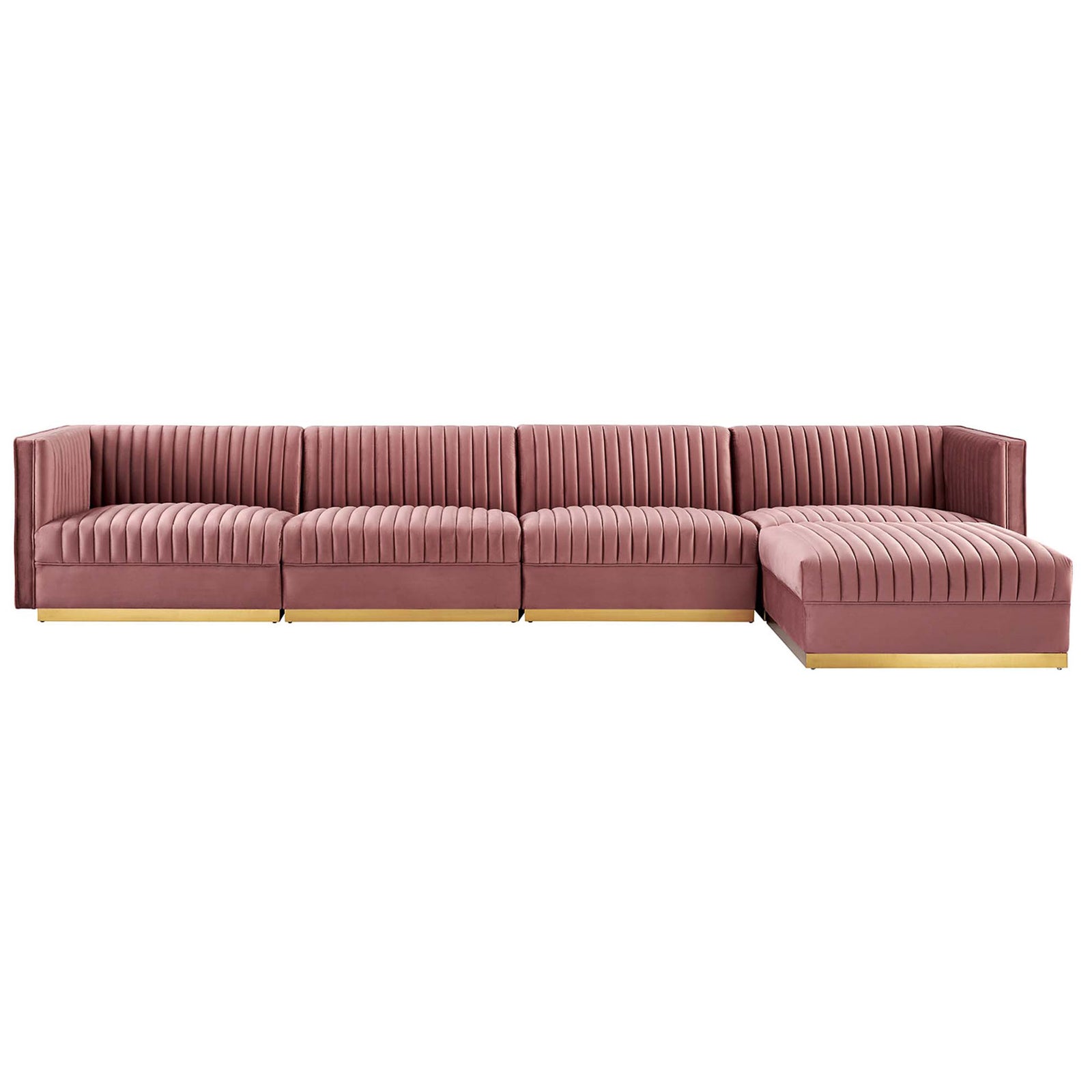 Dusty rose velvet modular sectional sofa with right chaise, channel tufting, and gold metal base || EEI-5828-DUS || front_angle_studio