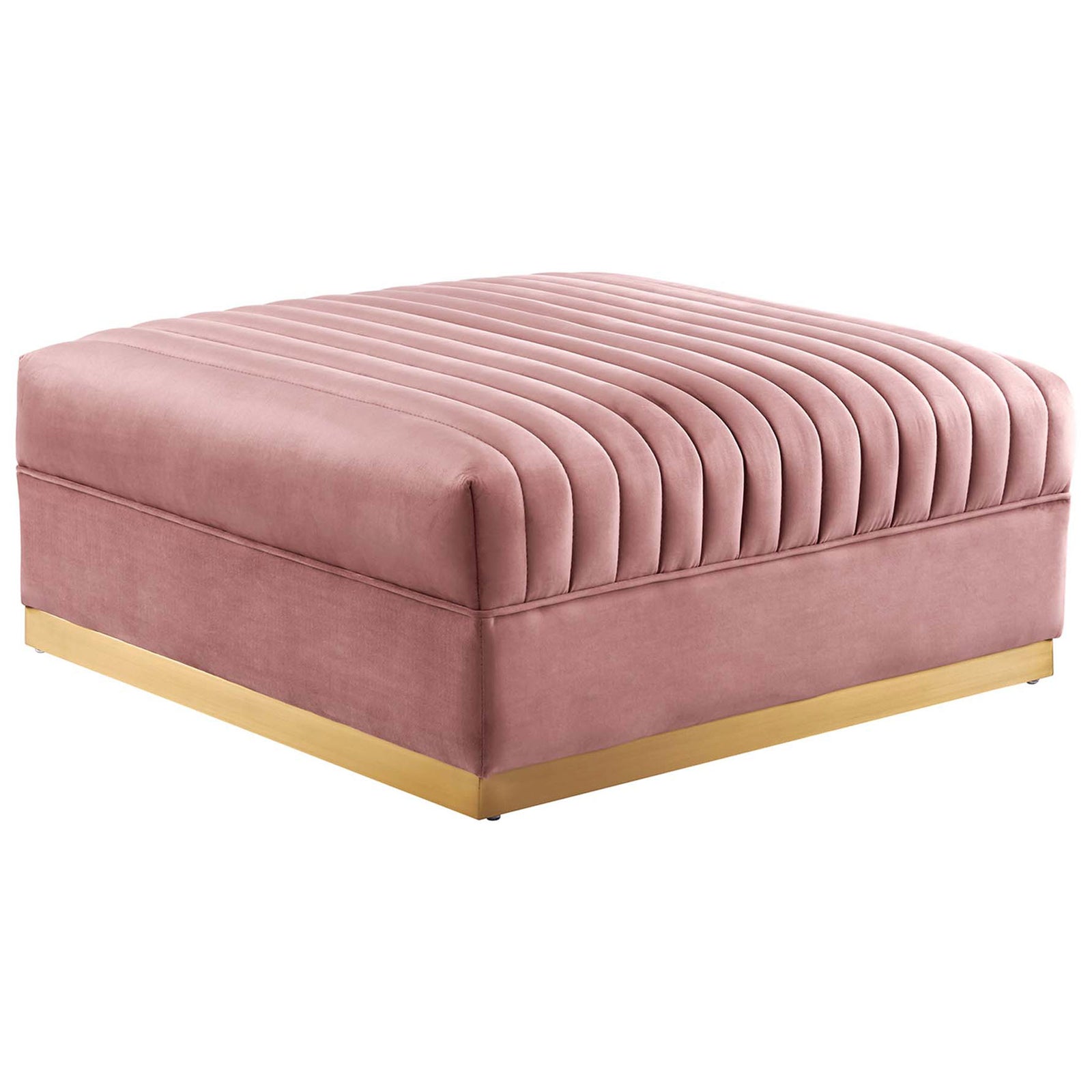 Dusty rose velvet ottoman with allover channel tufting and low gold metal base || EEI-5828-DUS || front_angle_partial_studio