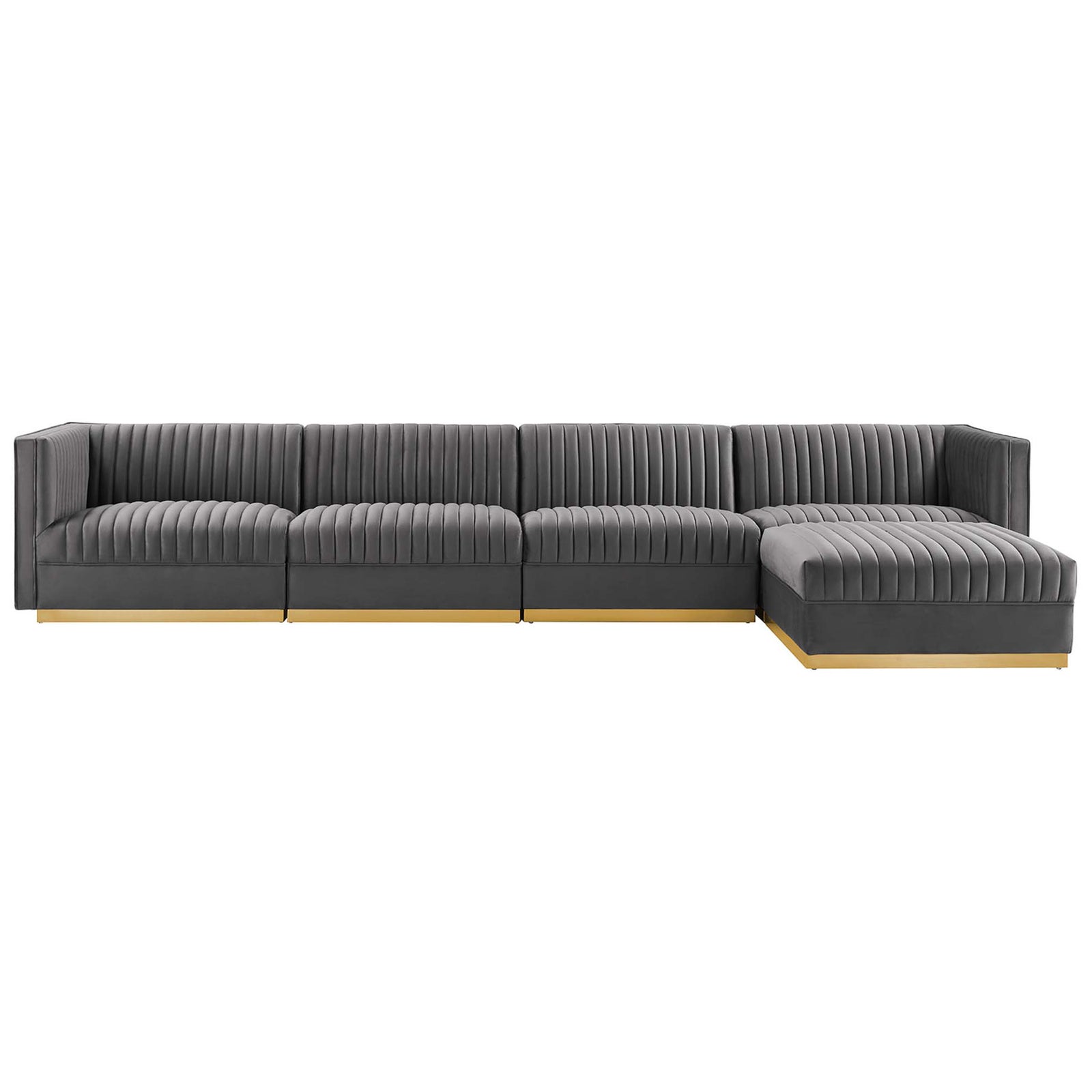 Gray velvet modular sectional with right chaise, vertical channel tufting, and sleek gold metal base. || EEI-5828-GRY || front_studio
