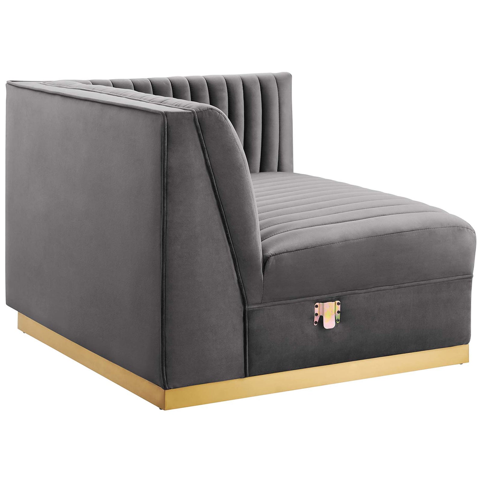 Rear angle of gray velvet corner sectional seat showcasing smooth back panels and gold base trim. || EEI-5828-GRY || back_angle_partial_studio