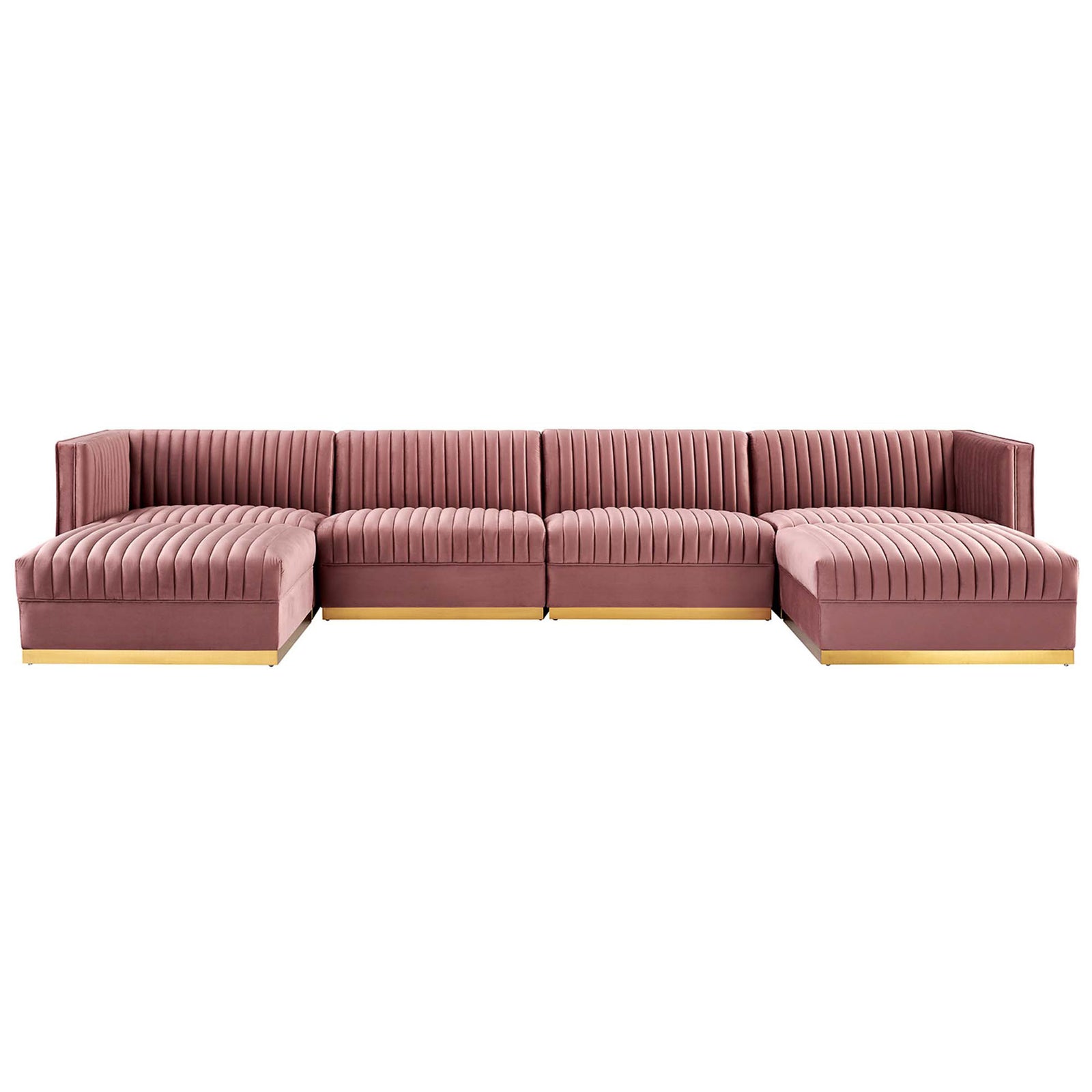 Dusty rose performance velvet modular sectional with vertical channel tufting and gold metal base || EEI-5841-DUS || front_studio