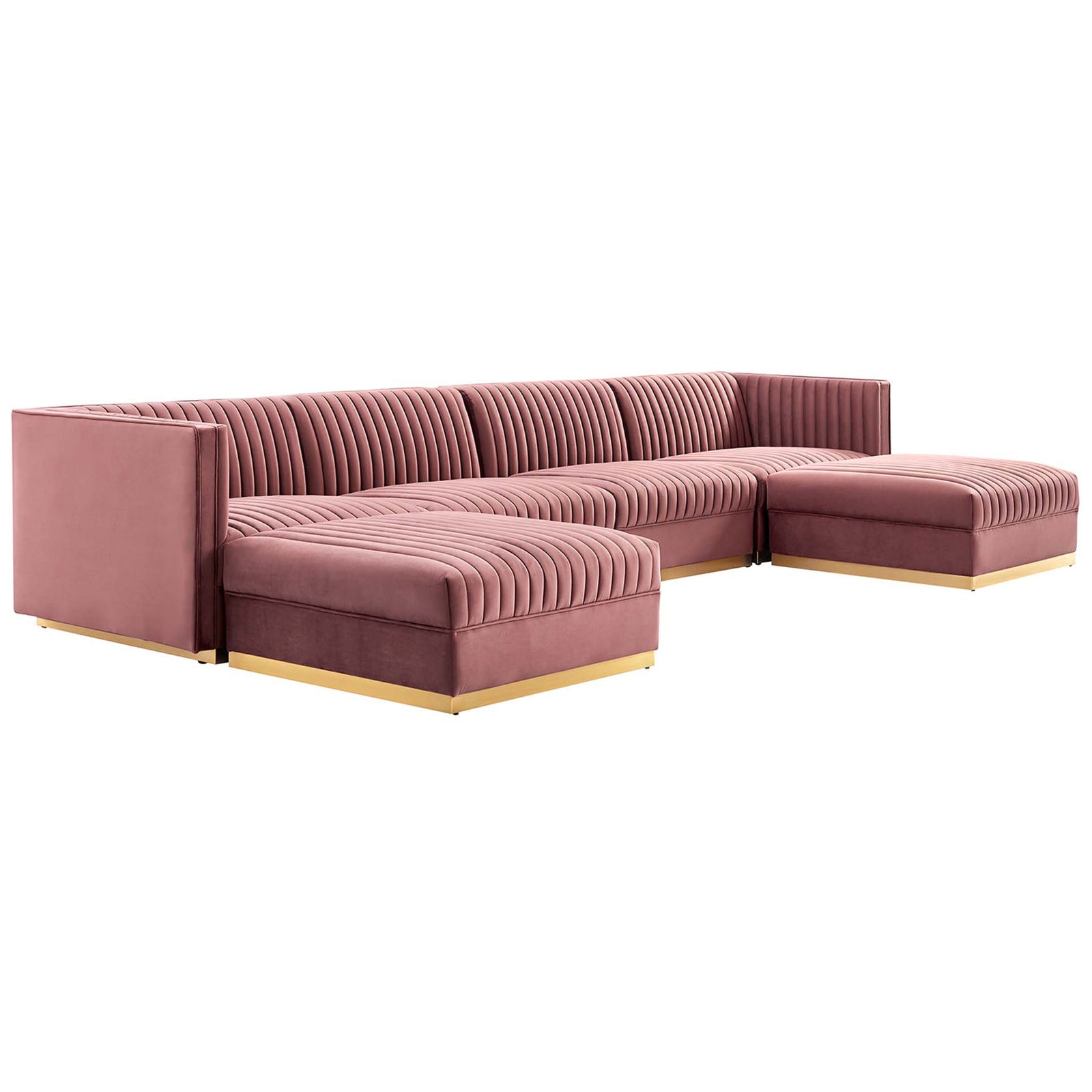 L shaped dusty rose velvet sectional highlighting modular layout and gleaming gold base || EEI-5841-DUS || front_angle_studio