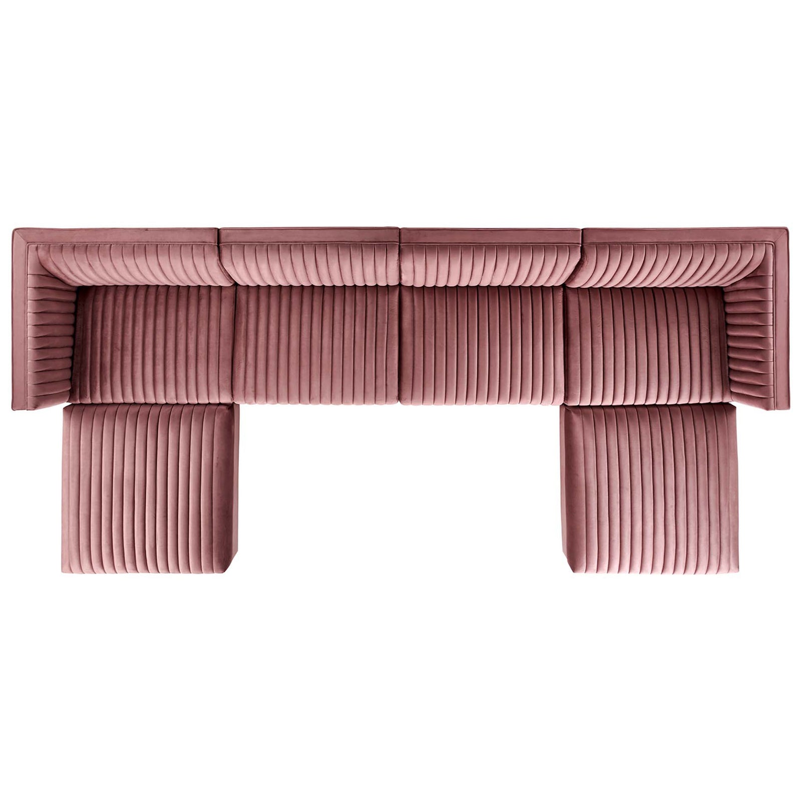 Modular sectional arranged to showcase generous seating and continuous vertical channel tufting || EEI-5841-DUS || top_studio
