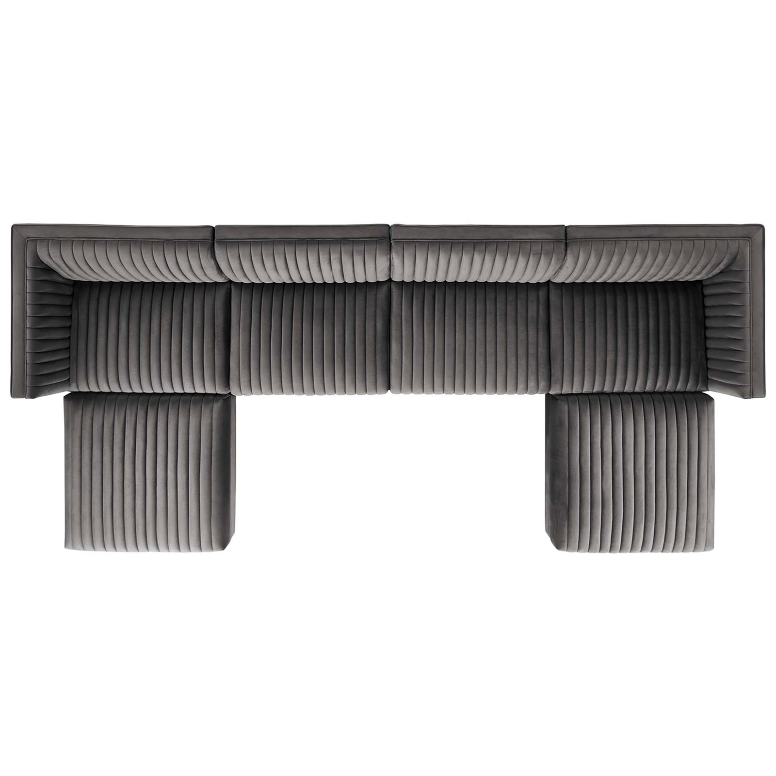 Six-piece gray modular sectional arranged in a roomy layout with continuous channel tufting and gold base accents. || EEI-5841-GRY || top_studio