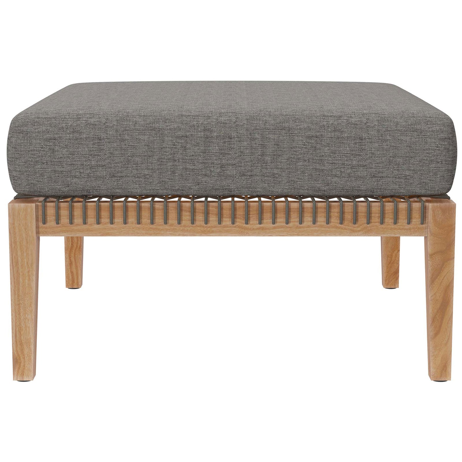 Graphite gray cushion ottoman with sturdy teak wood frame and rope-wrapped apron || EEI-5854-GRY-GPH || front_studio