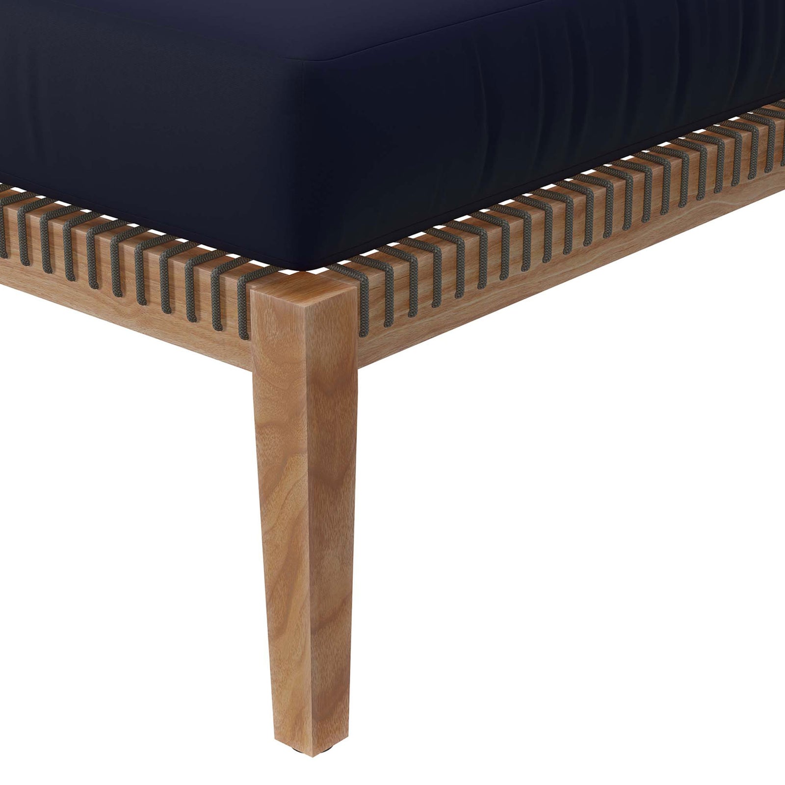 Rich navy cushion and tightly spaced rope slats on the teak ottoman frame || EEI-5854-GRY-NAV || detail_studio