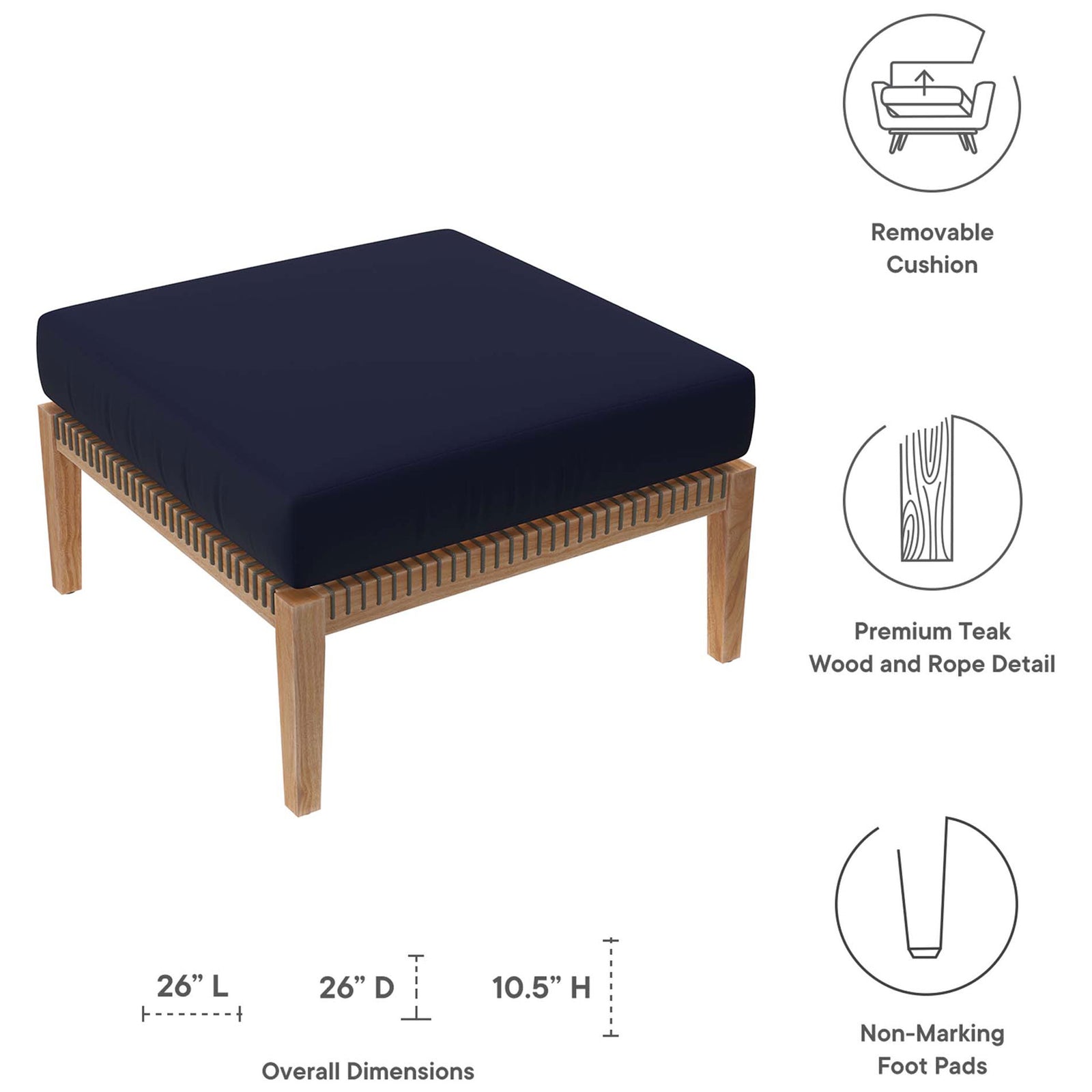 Navy cushion teak ottoman with diagram highlighting removable cushion, teak wood, and foot pads || EEI-5854-GRY-NAV || dimension_studio