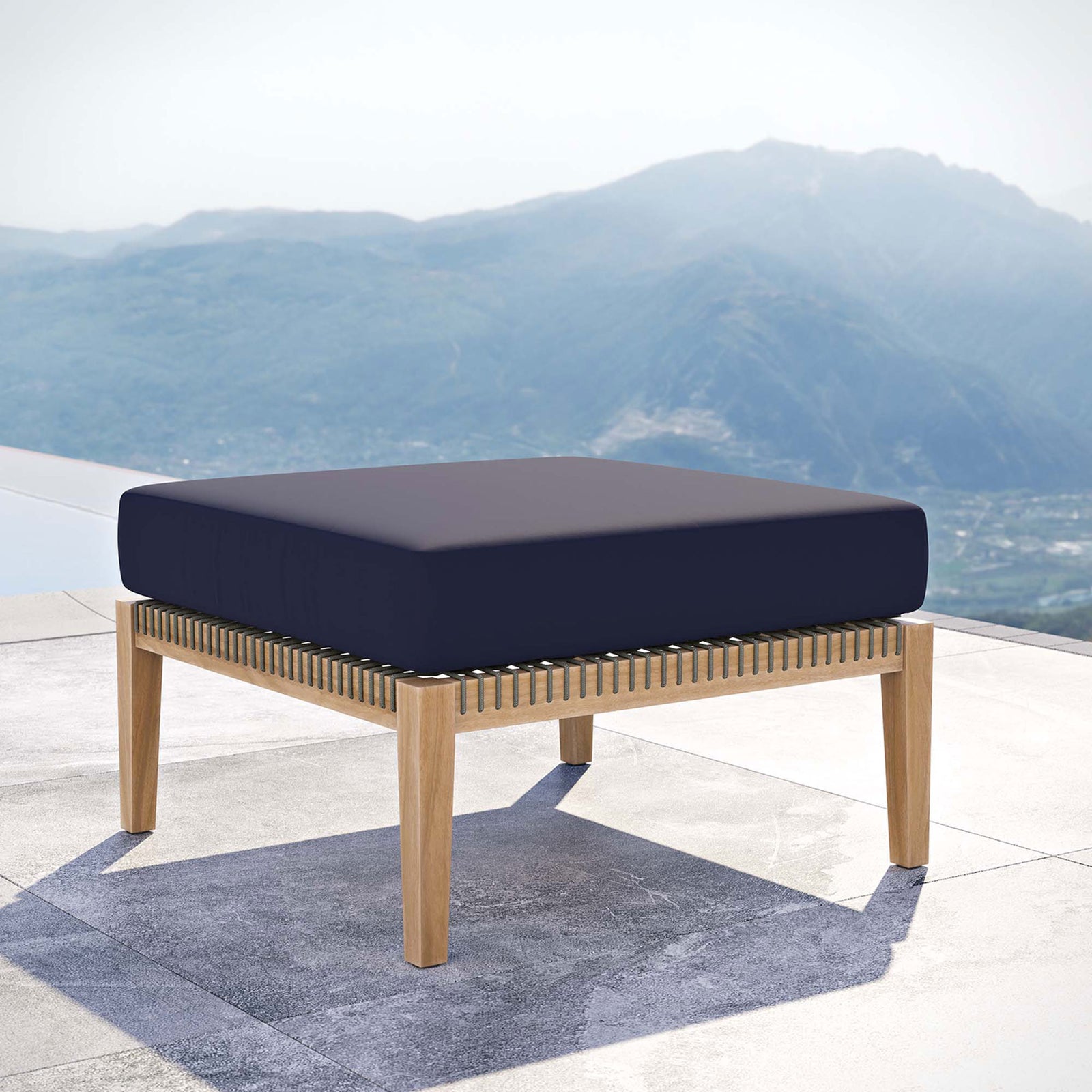 Navy cushion teak patio ottoman overlooking mountain views for elevated backyard lounging || EEI-5854-GRY-NAV || front_angle_room