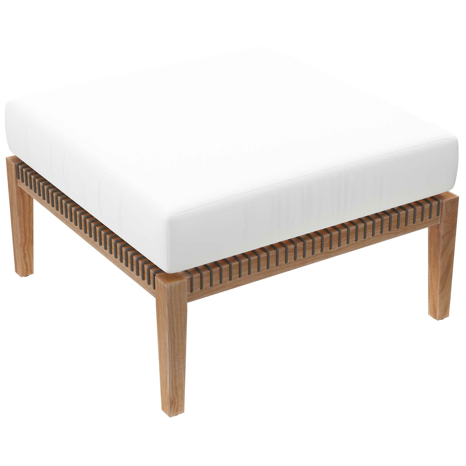 Teak outdoor ottoman with crisp white cushion and open rope base for a fresh modern terrace || EEI-5854-GRY-WHI || front_angle_studio