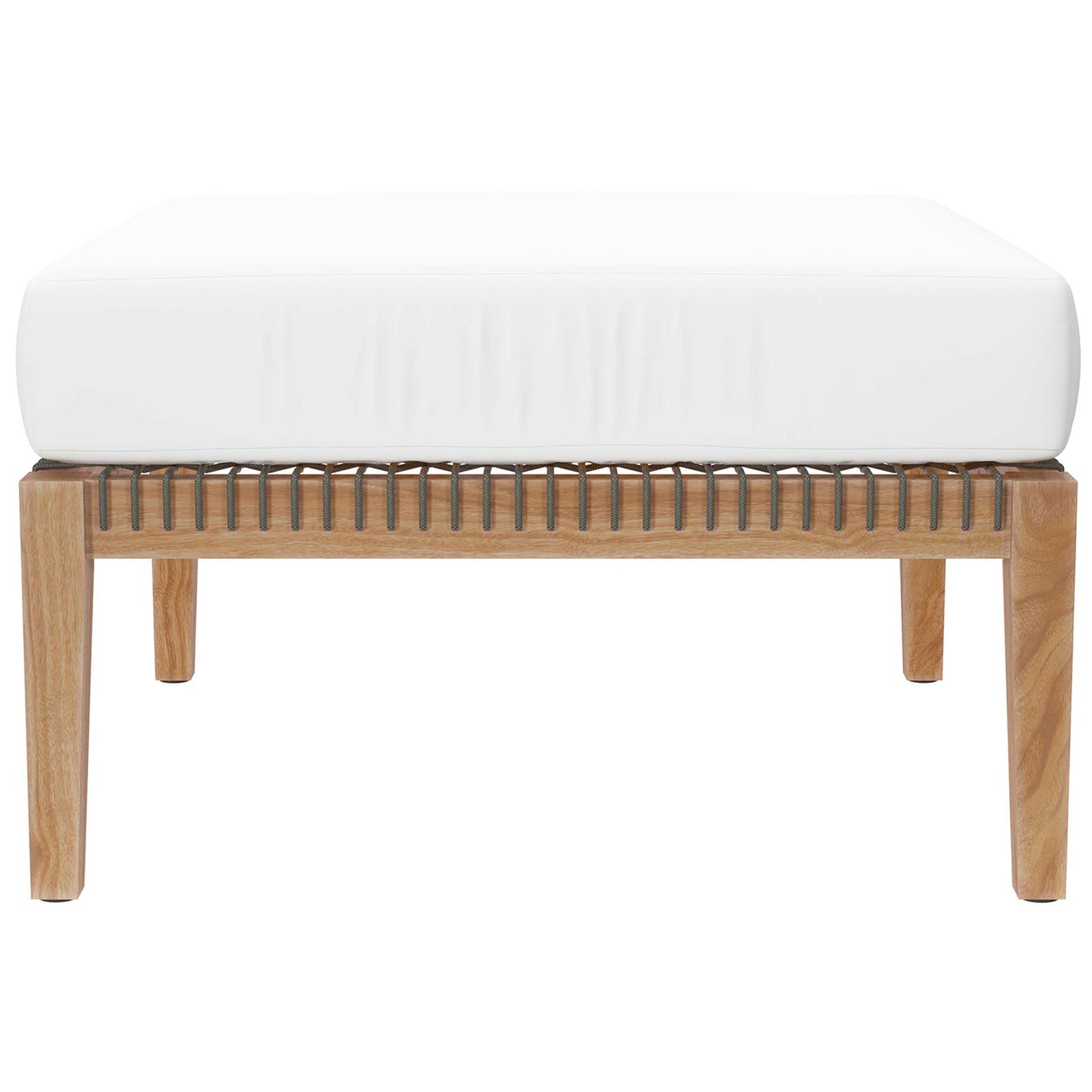 White cushioned ottoman showcasing the minimal teak frame and rope accent || EEI-5854-GRY-WHI || front_studio