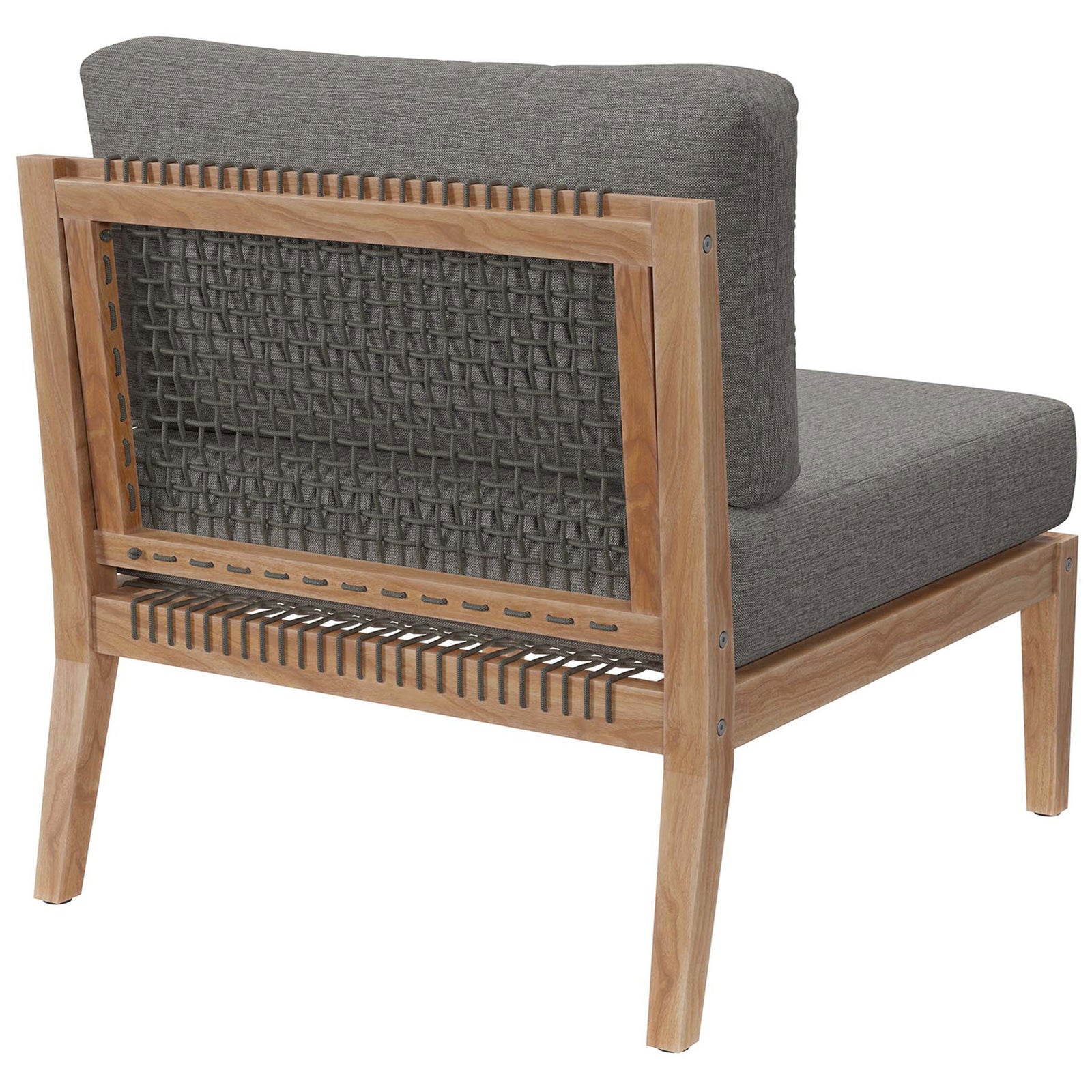 Gray graphite patio chair featuring open woven rope backrest and slatted teak support rail || EEI-5856-GRY-GPH || back_angle_studio