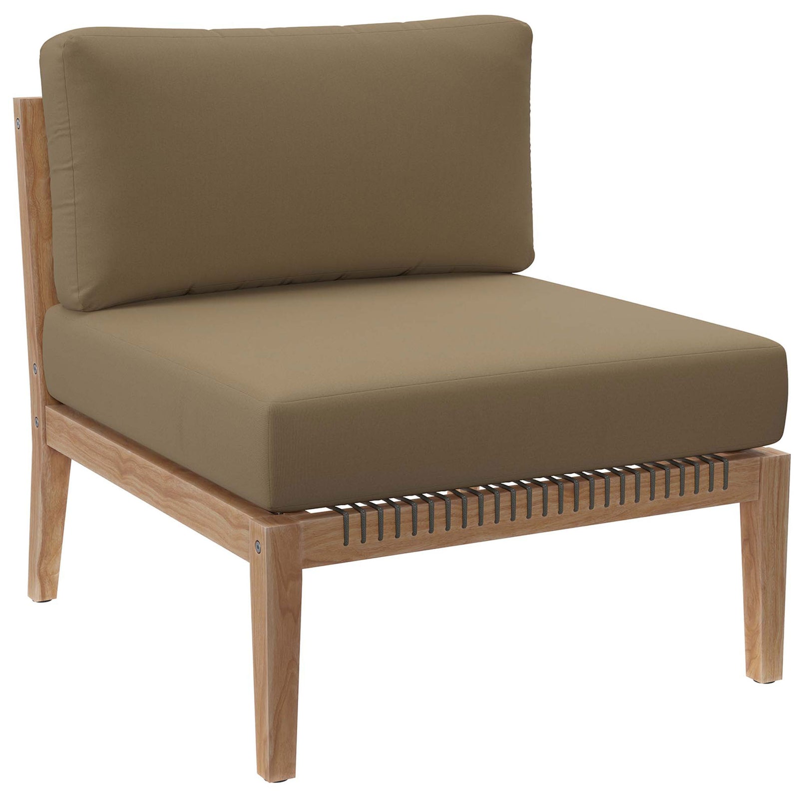 Light brown outdoor armless chair with plush cushions and warm teak frame for modern patios || EEI-5856-GRY-LBR || front_angle_studio