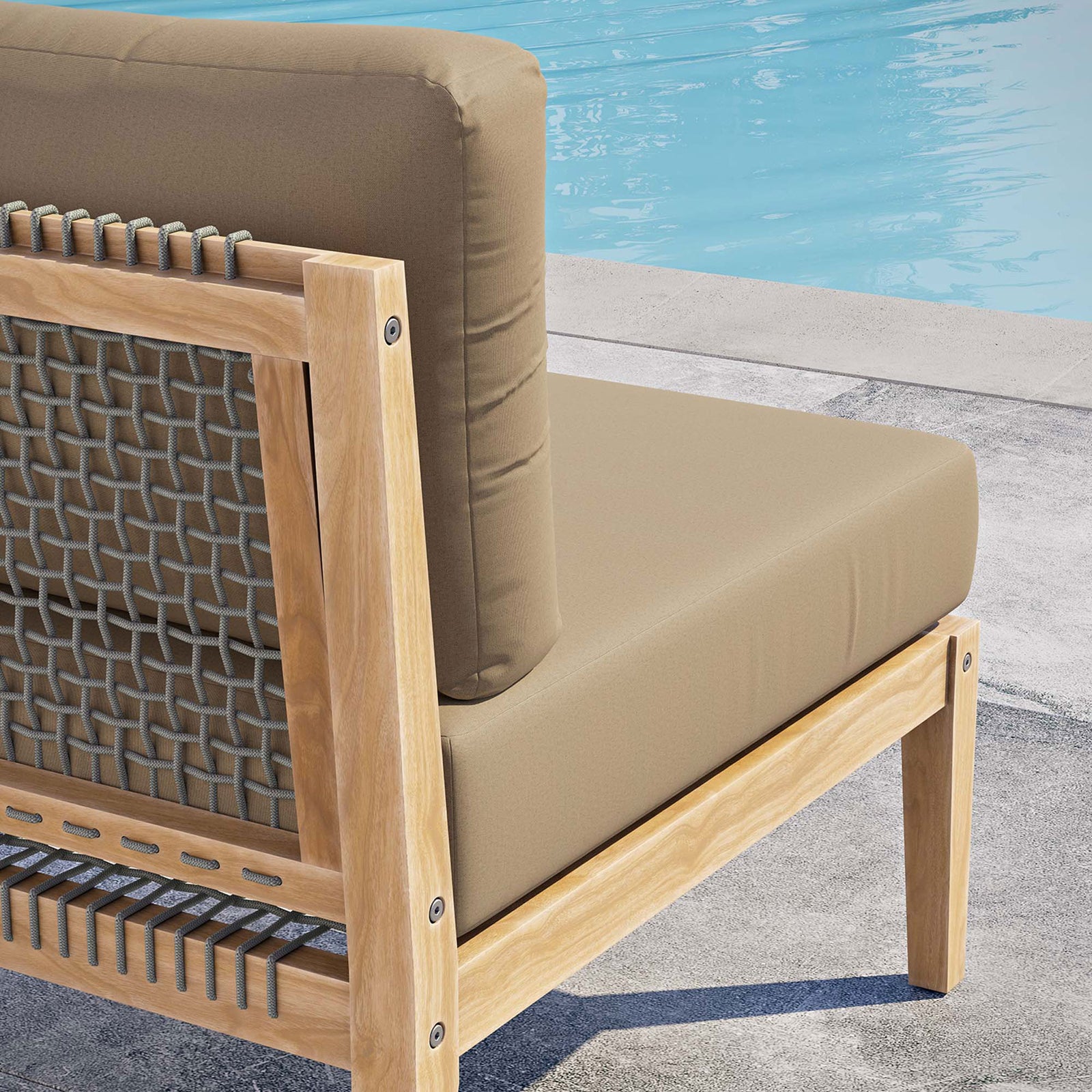 Light brown cushion and rope back detail on teak frame adding texture beside the water || EEI-5856-GRY-LBR || detail_room