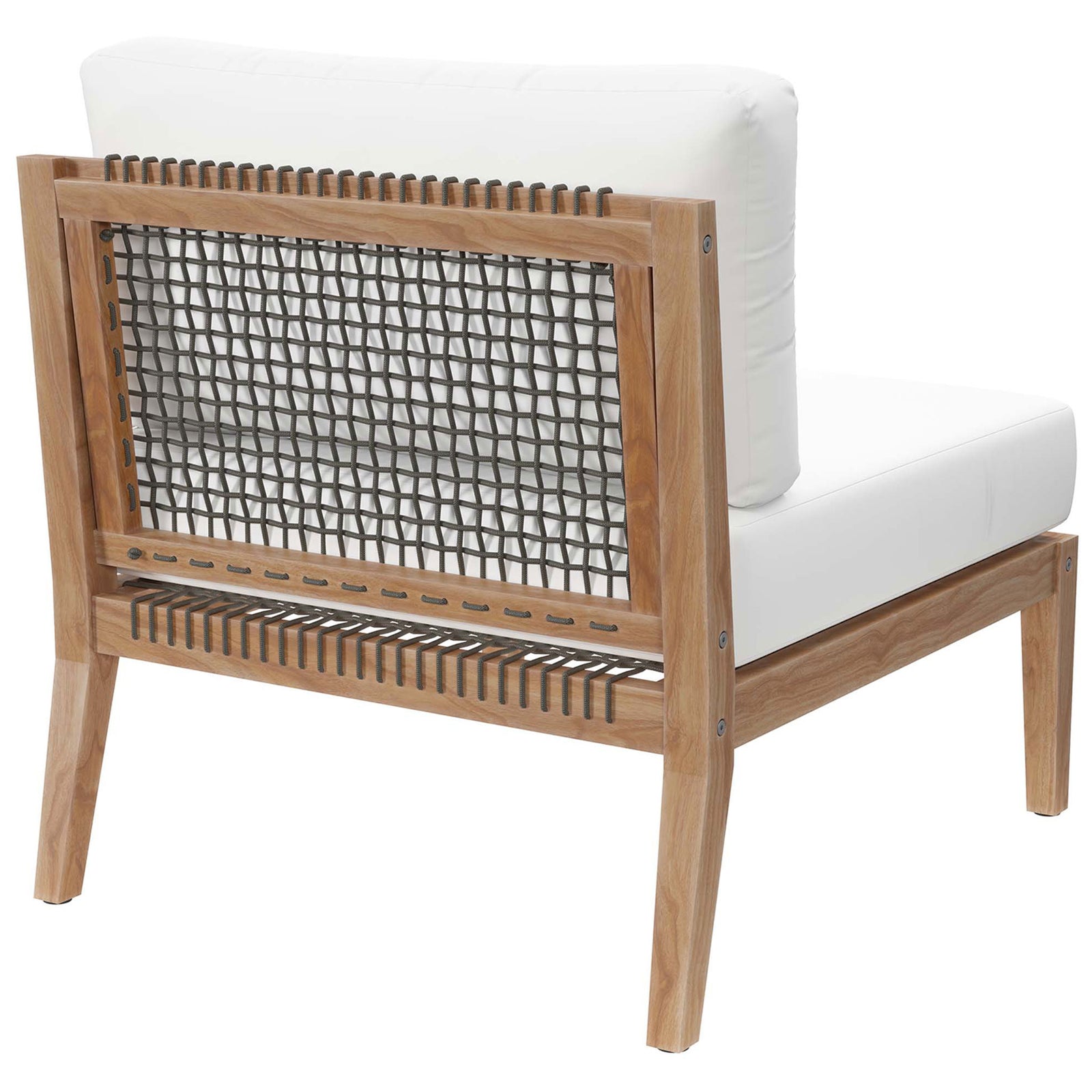 White armless chair showcasing woven rope backrest framed in warm teak wood || EEI-5856-GRY-WHI || back_angle_studio