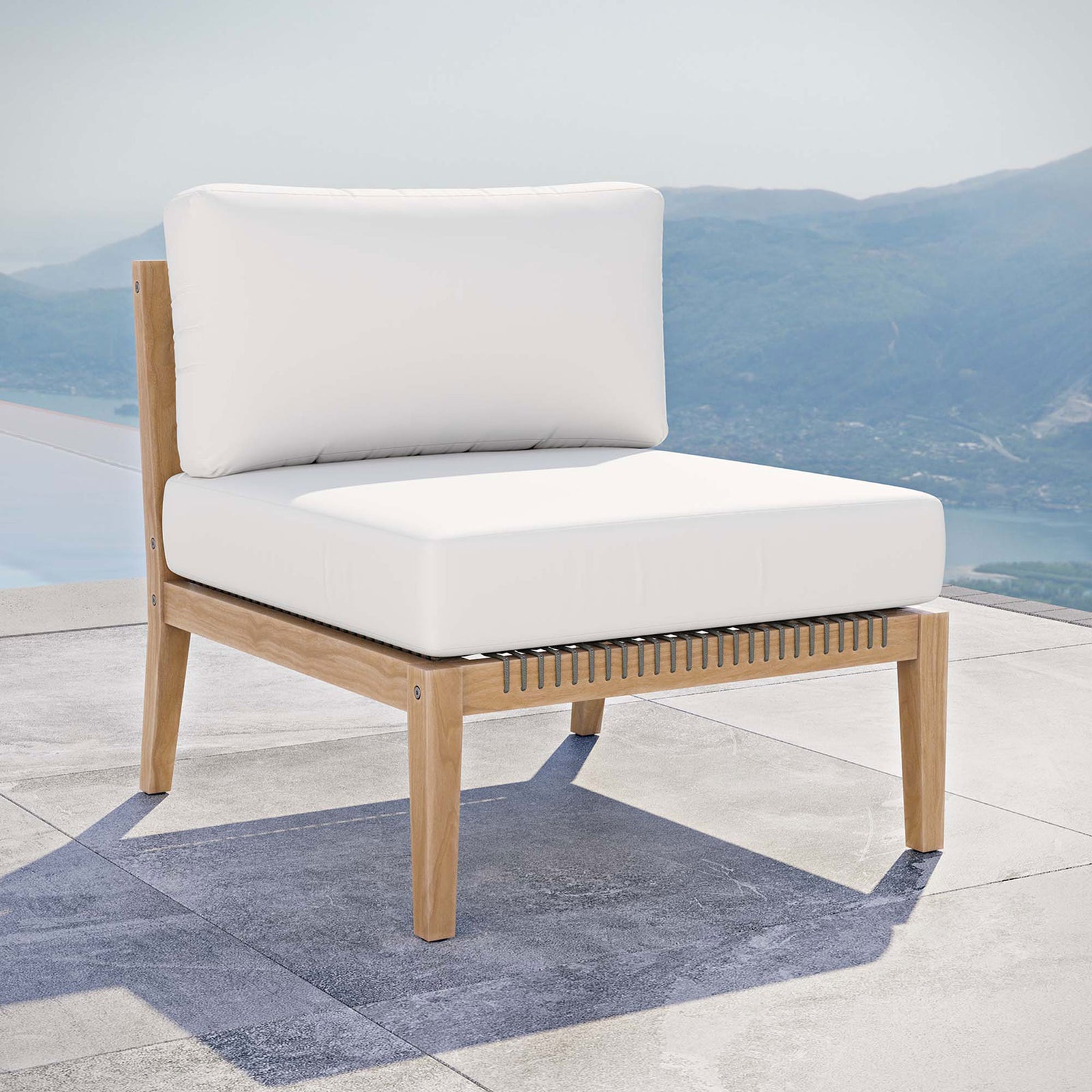 White teak armless chair styled by the pool, ready to refresh any contemporary outdoor lounge || EEI-5856-GRY-WHI || front_angle_room