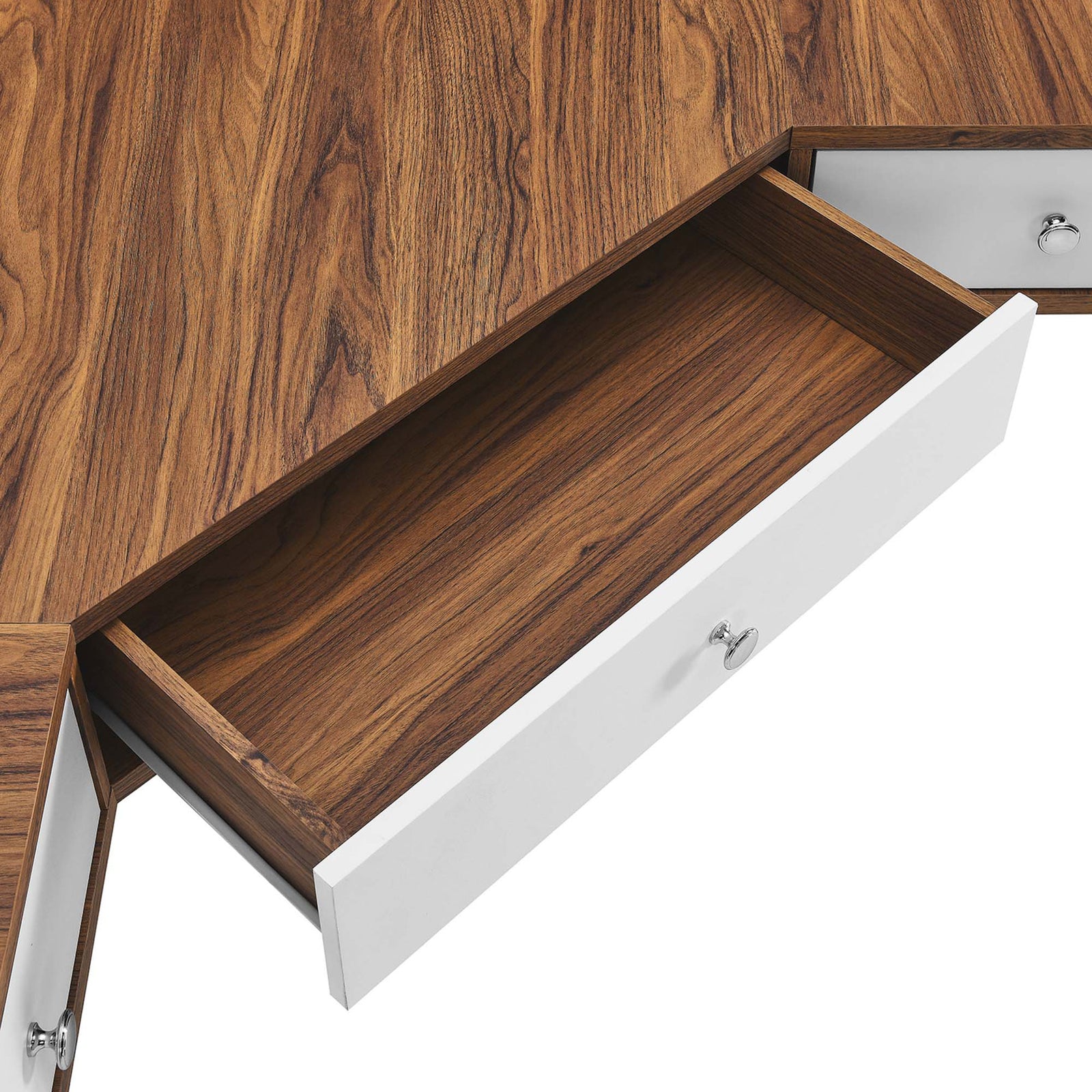 Roomy center drawer fits notebooks, tech, and accessories || EEI-5862-WAL-WHI || storage_open_studio
