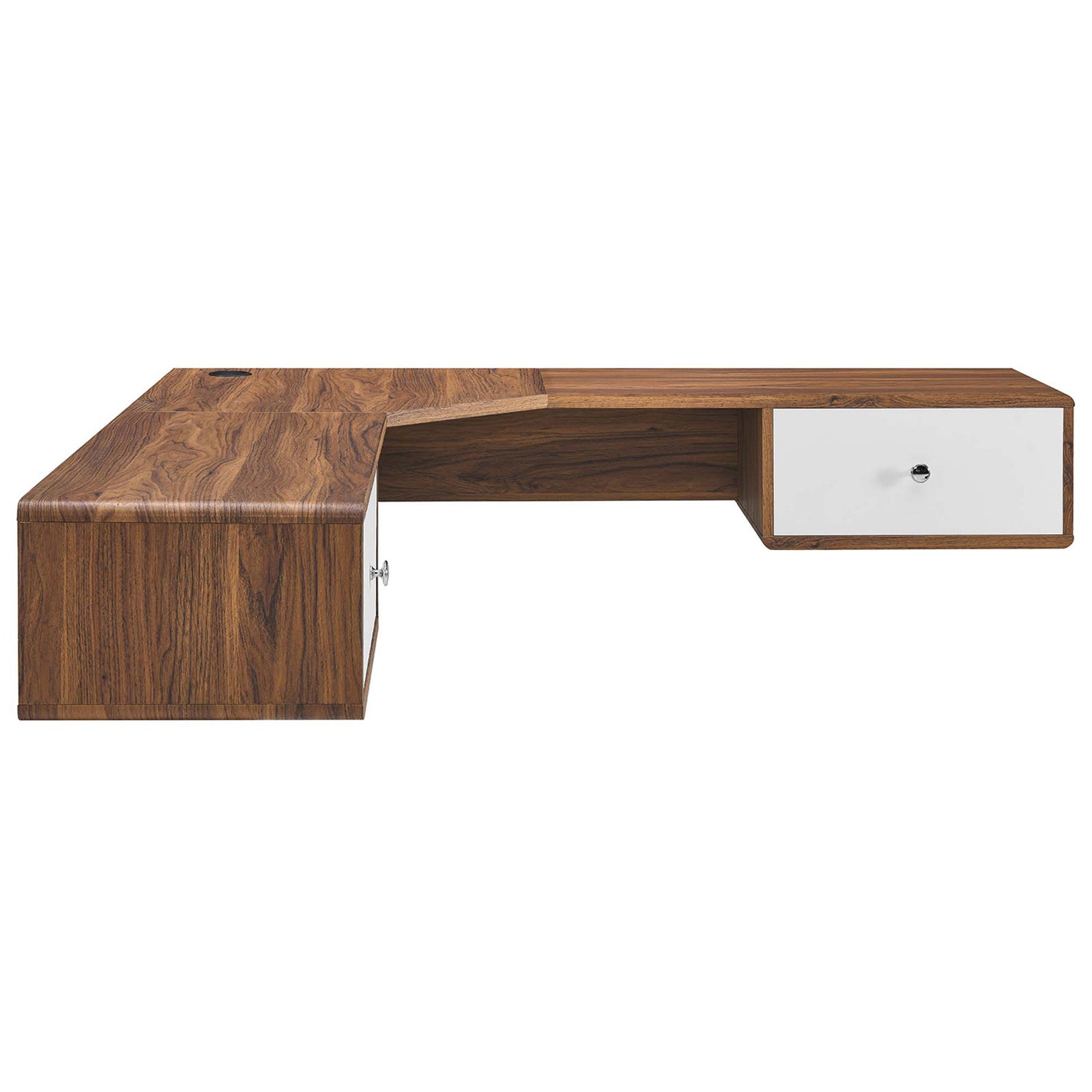 Sleek corner wall-mount desk pairs walnut wood grain with a crisp white drawer front and open cubby shelf || EEI-5863-WAL-WHI || side_studio
