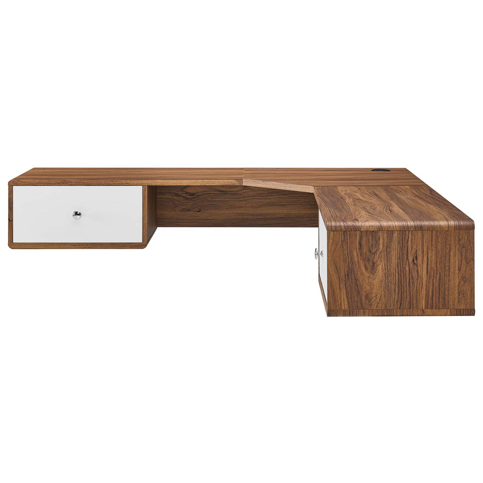 Corner desk shows left white drawer and rich walnut laminate surfaces with rounded edges || EEI-5863-WAL-WHI || front_studio