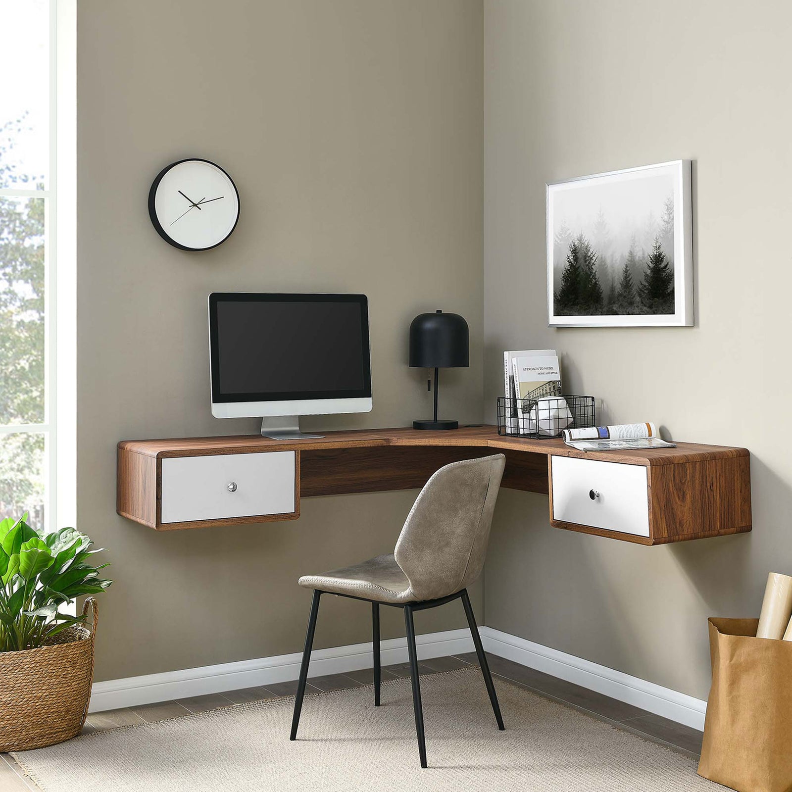 Walnut and white corner desk creates a clean, modern workspace with generous surface area || EEI-5863-WAL-WHI || front_angle_room