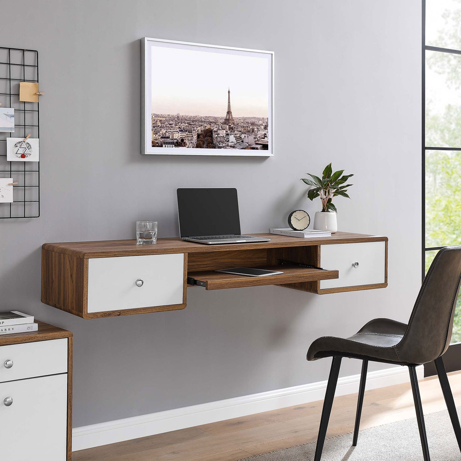 Elevate your workspace with a floating walnut desk featuring an open keyboard tray and twin drawers || EEI-5864-WAL-WHI || front_angle_open_room