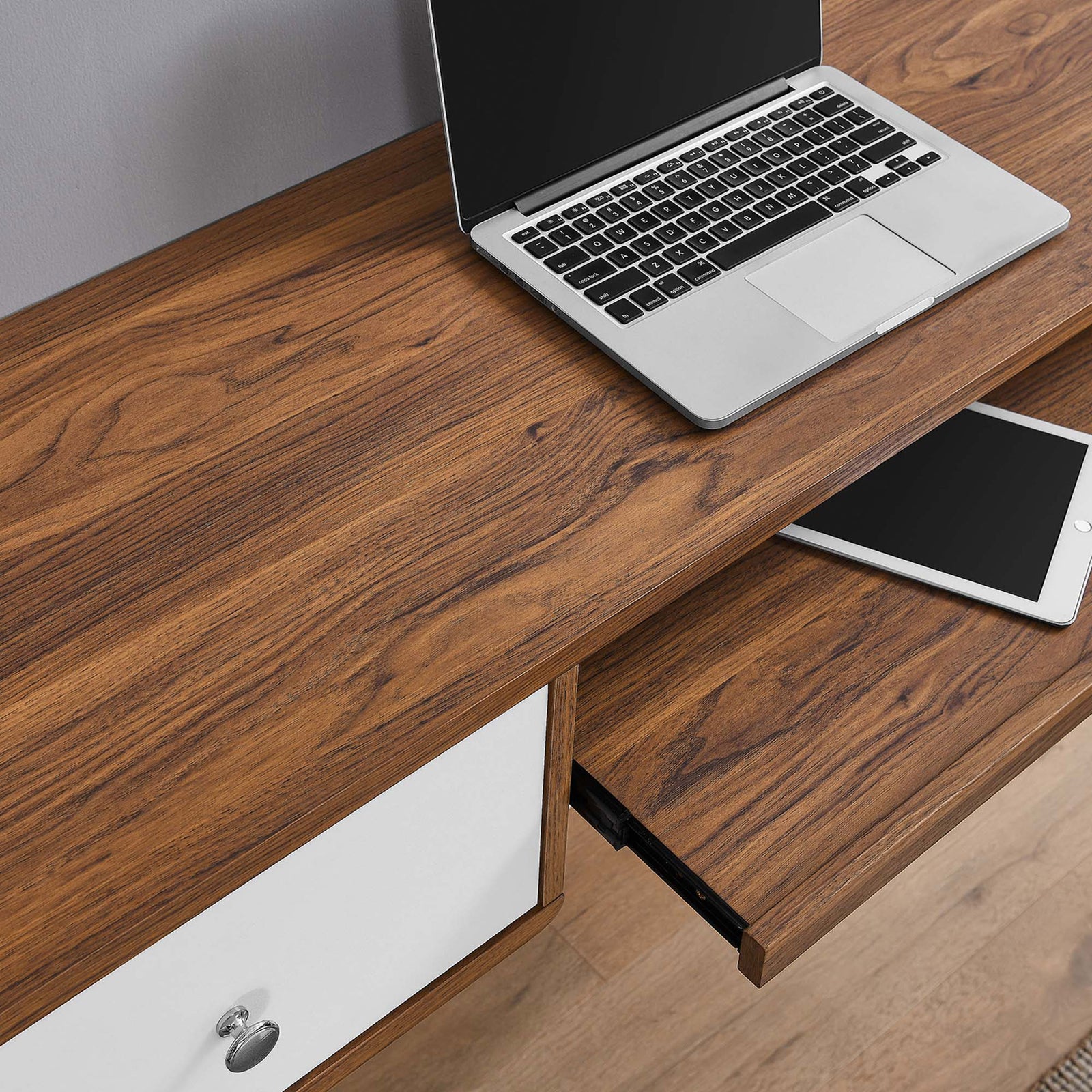 Spacious surface fits your tech while the sliding tray offers quick access when you need it || EEI-5864-WAL-WHI || storage_open_room