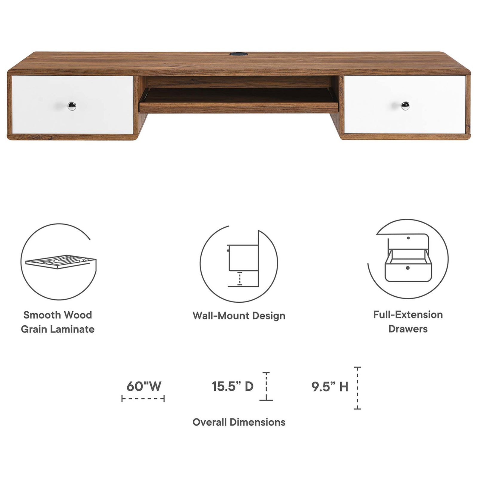 Key features and overall dimensions of the Transmit wall-mount office desk || EEI-5864-WAL-WHI || dimension_studio
