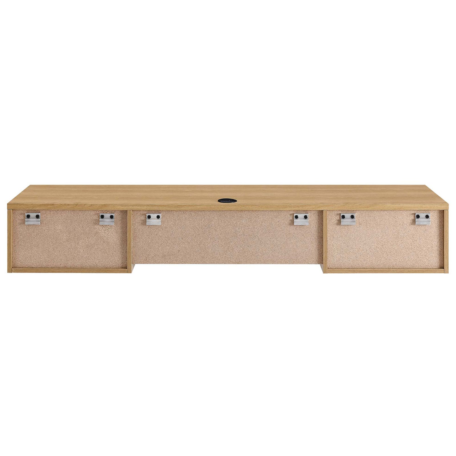 Wall-mount brackets and cable port keep wires tidy and installation secure. || EEI-5865-OAK || back_studio