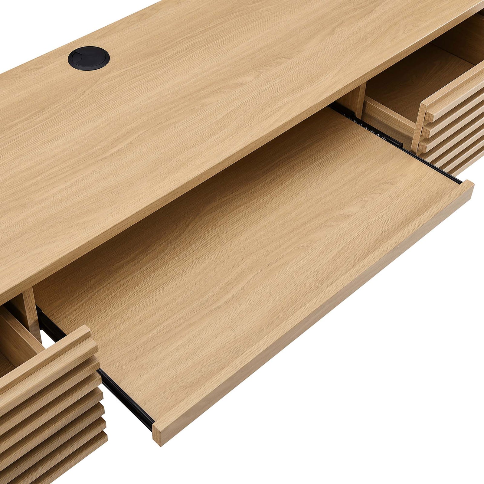 Pull-out keyboard tray offers spacious work area and keeps desktop clutter-free. || EEI-5865-OAK || storage_open_studio