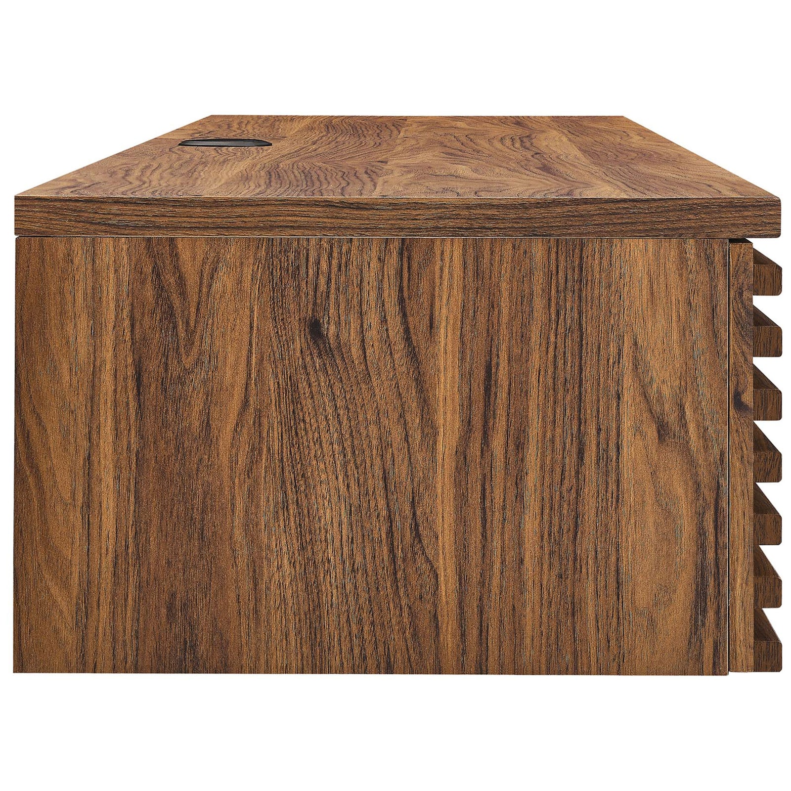Sleek low-profile build showcases the rich walnut grain and sturdy wall-mount design. || EEI-5865-WAL || side_studio