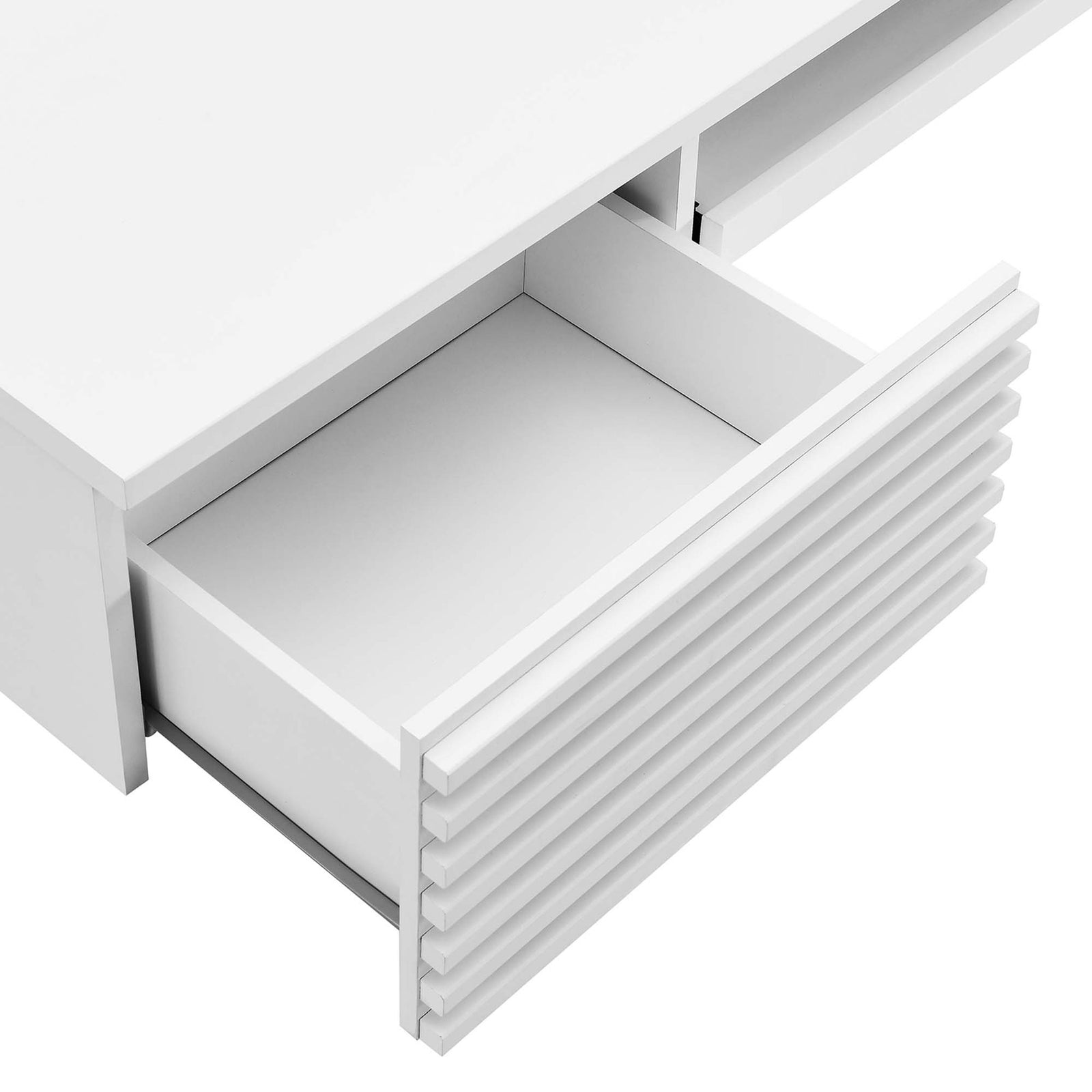 Full-extension drawer glides reveal generous storage behind the textured slatted facade || EEI-5865-WHI || storage_open_studio