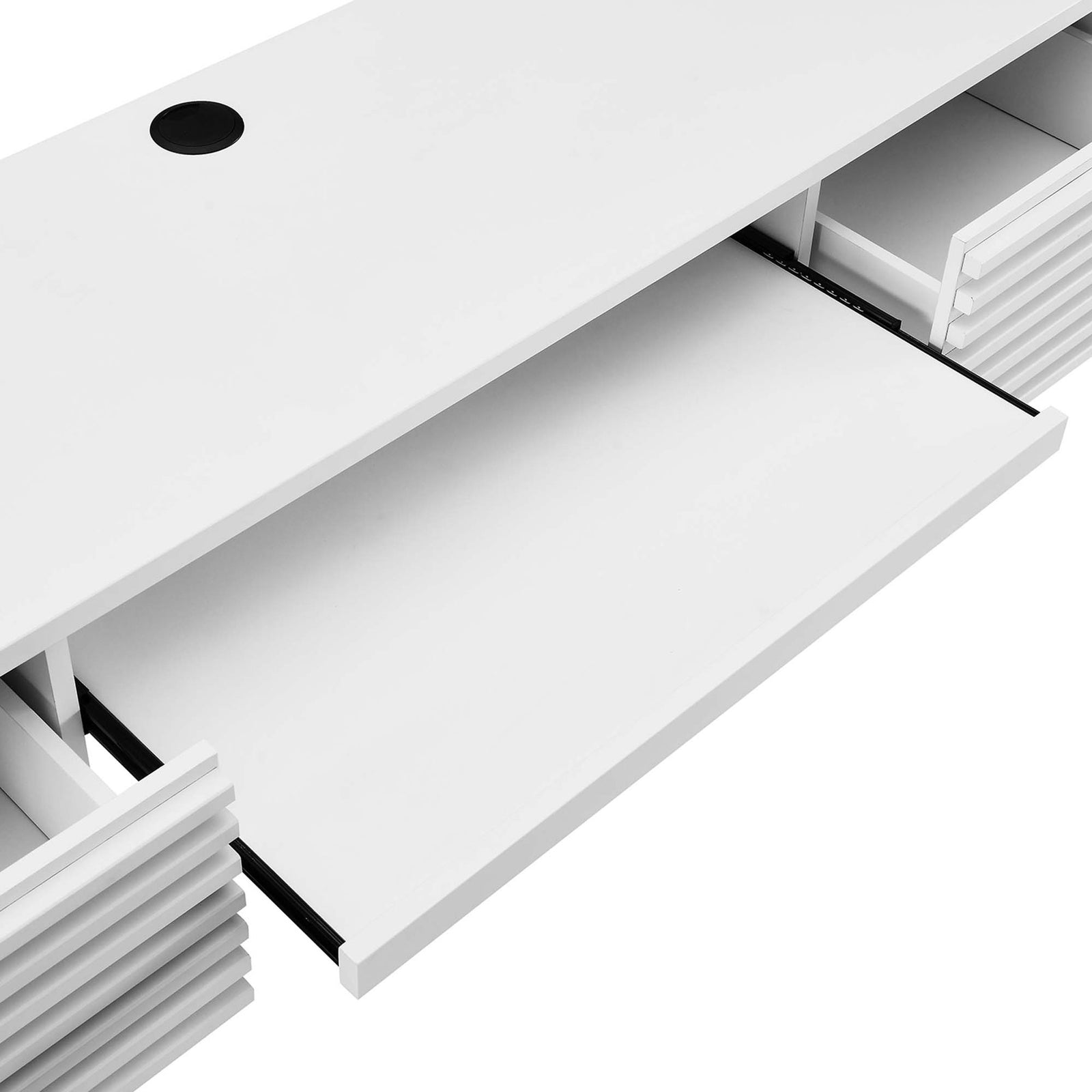 Pull-out keyboard tray slides smoothly to keep essentials close while freeing up the desktop || EEI-5865-WHI || storage_open_studio