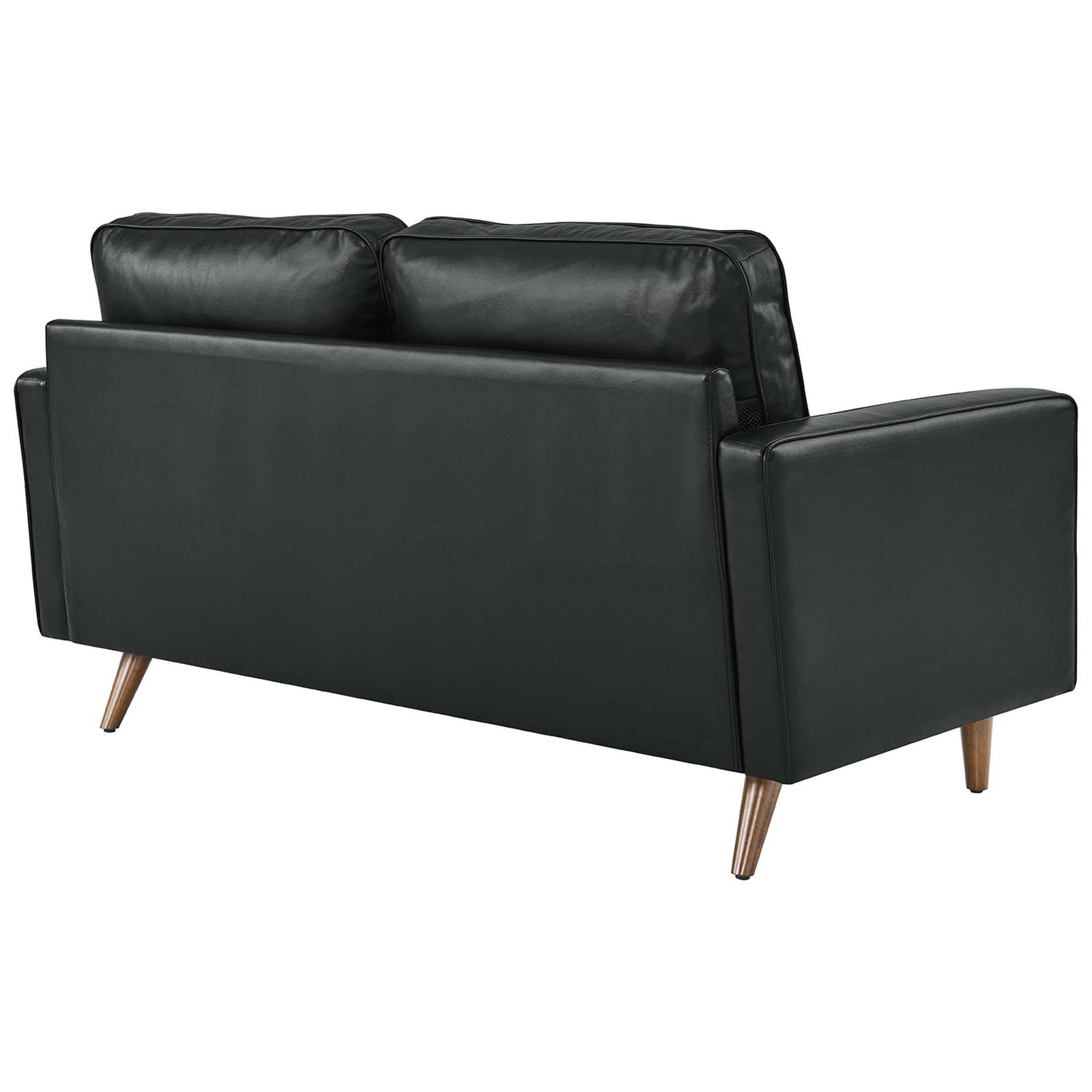 Black leather loveseat with smooth upholstered back and clean mid-century lines on tapered legs || EEI-5870-BLK || back_angle_studio