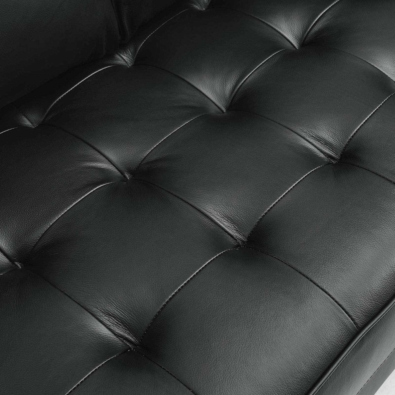 Black leather tufted seat cushions showcasing square stitching and plush foam padding || EEI-5870-BLK || detail_studio
