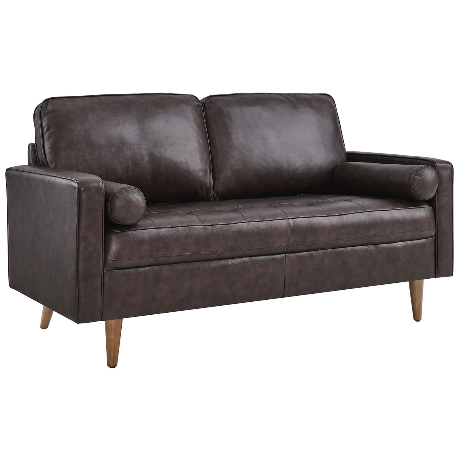 Brown leather loveseat with slim track arms, tufted seat, and tapered wood legs || EEI-5870-BRN || front_angle_studio