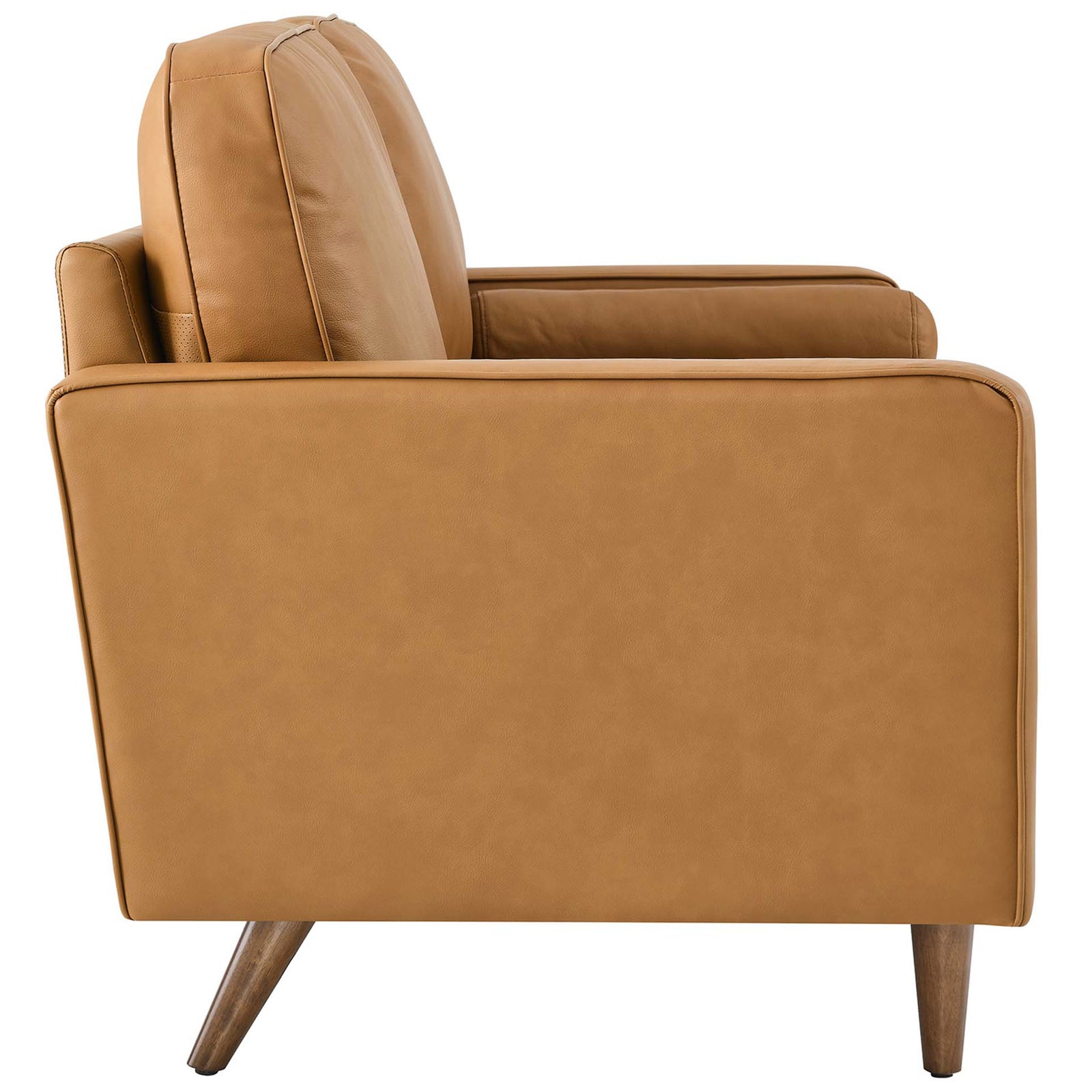 Slim track arms accent this tan leather loveseat with tapered wooden legs || EEI-5870-TAN || side_studio
